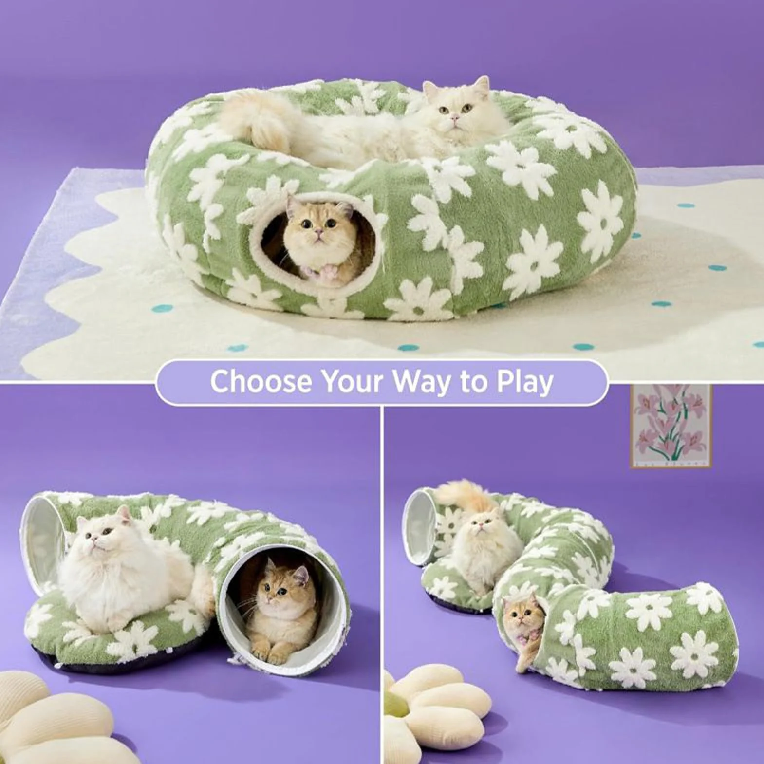 Tunnel pour Chat Lavable avec Tubes Interactifs À Balle | Tunnel Donut Interactif Pour Chat À Design Grattage Mâchonnement Intérieur Extérieur Lapin Chiot