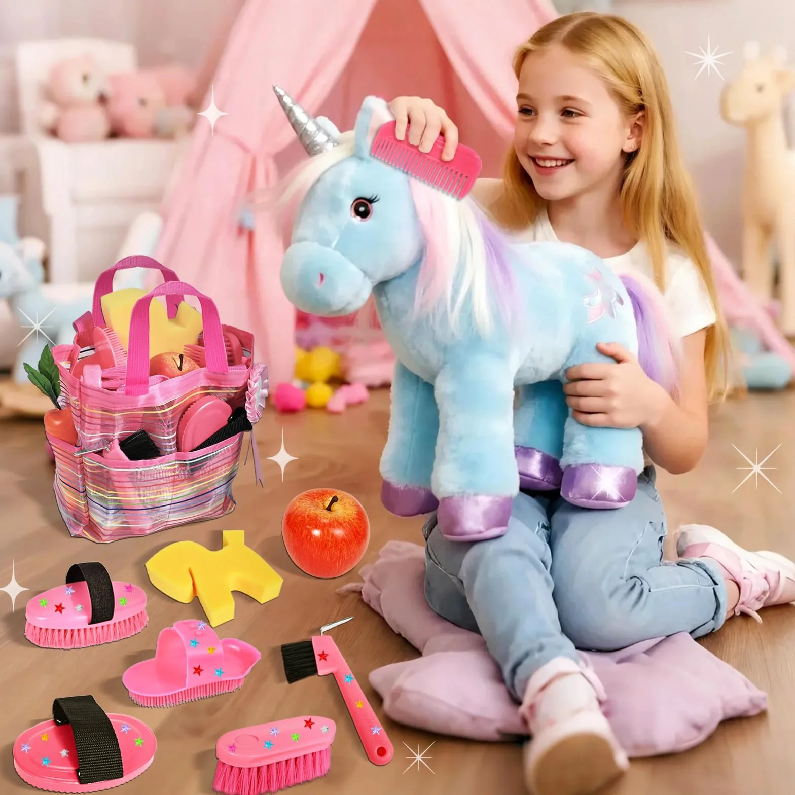 Magic Brush Hobby Horse Accessoires pour enfants - Boîte de nettoyage pour chevaux - Jouet rose avec sac