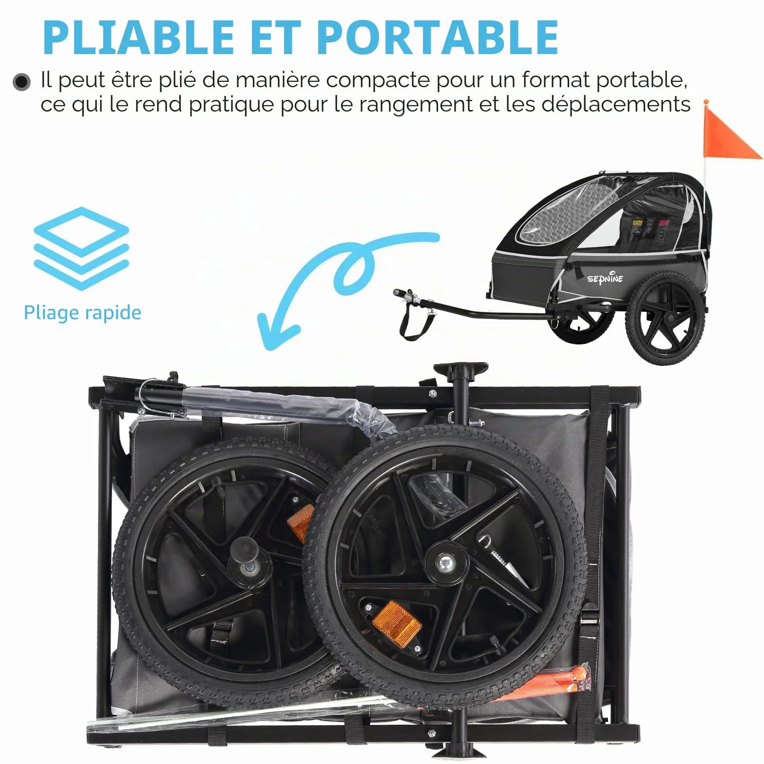 Remorque de vélo pliable pour 1 à 2 enfants à partir de 12 mois, fixation rapide, harnais 5 points