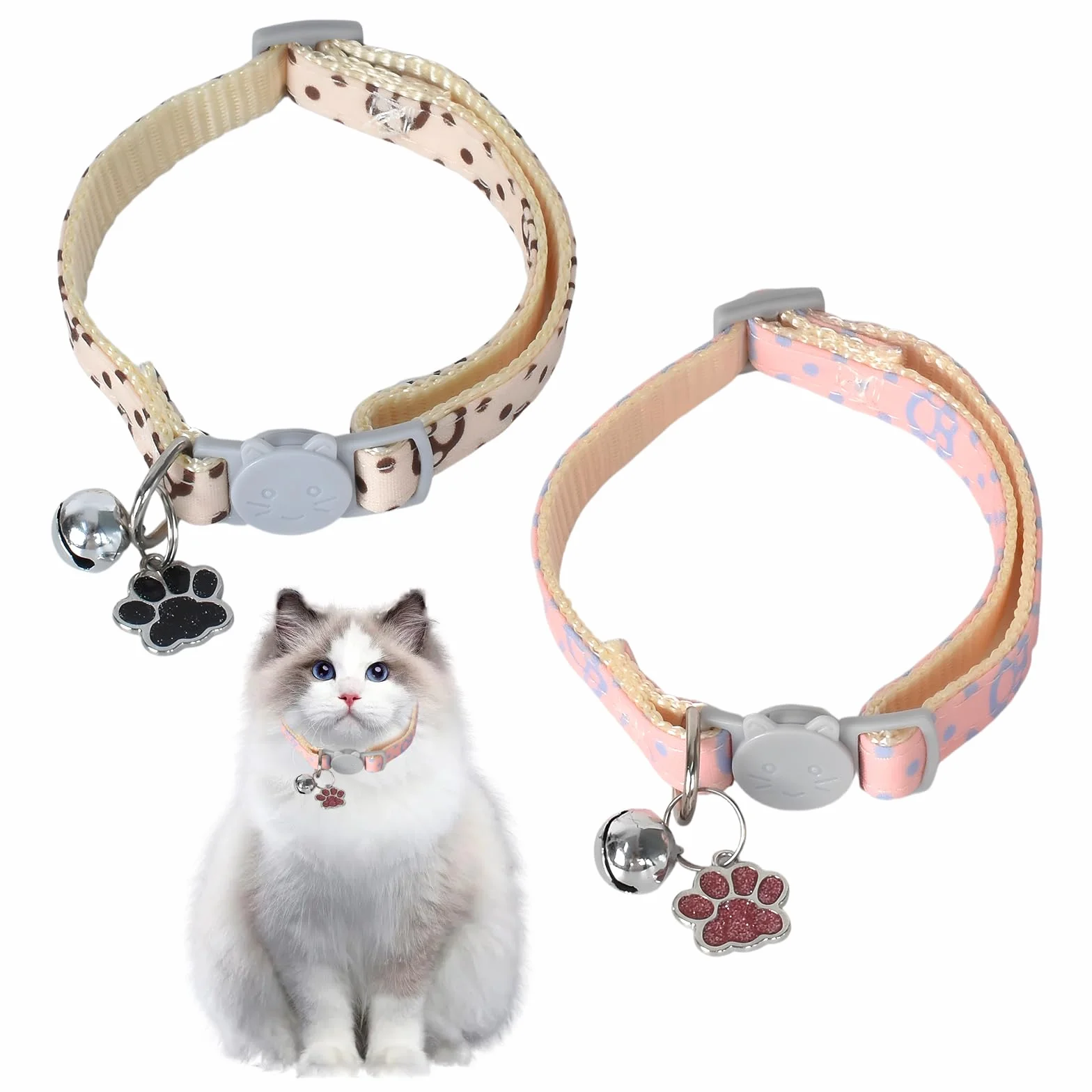 Collier pour Chats Réglable avec Clochette, Boucle de Sécurité, Design Pattes Mignon Rose et Blanc
