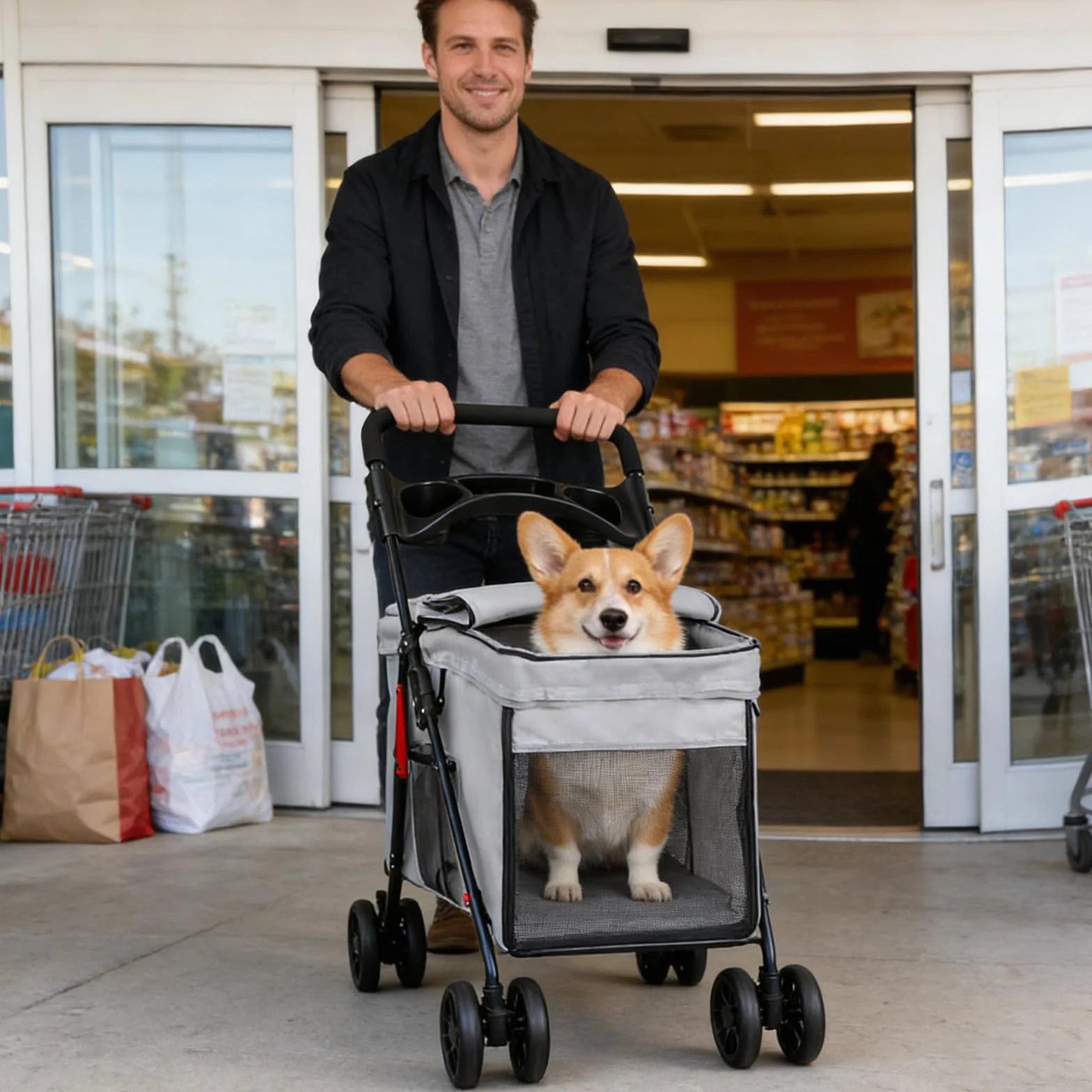 OHMG Poussette pliable animaux chien chat 2 en 1,chariot pour chien,nacelle amovible bandoulières 4 roues avec frein tissu 600D Oxford,Charge 20 kg