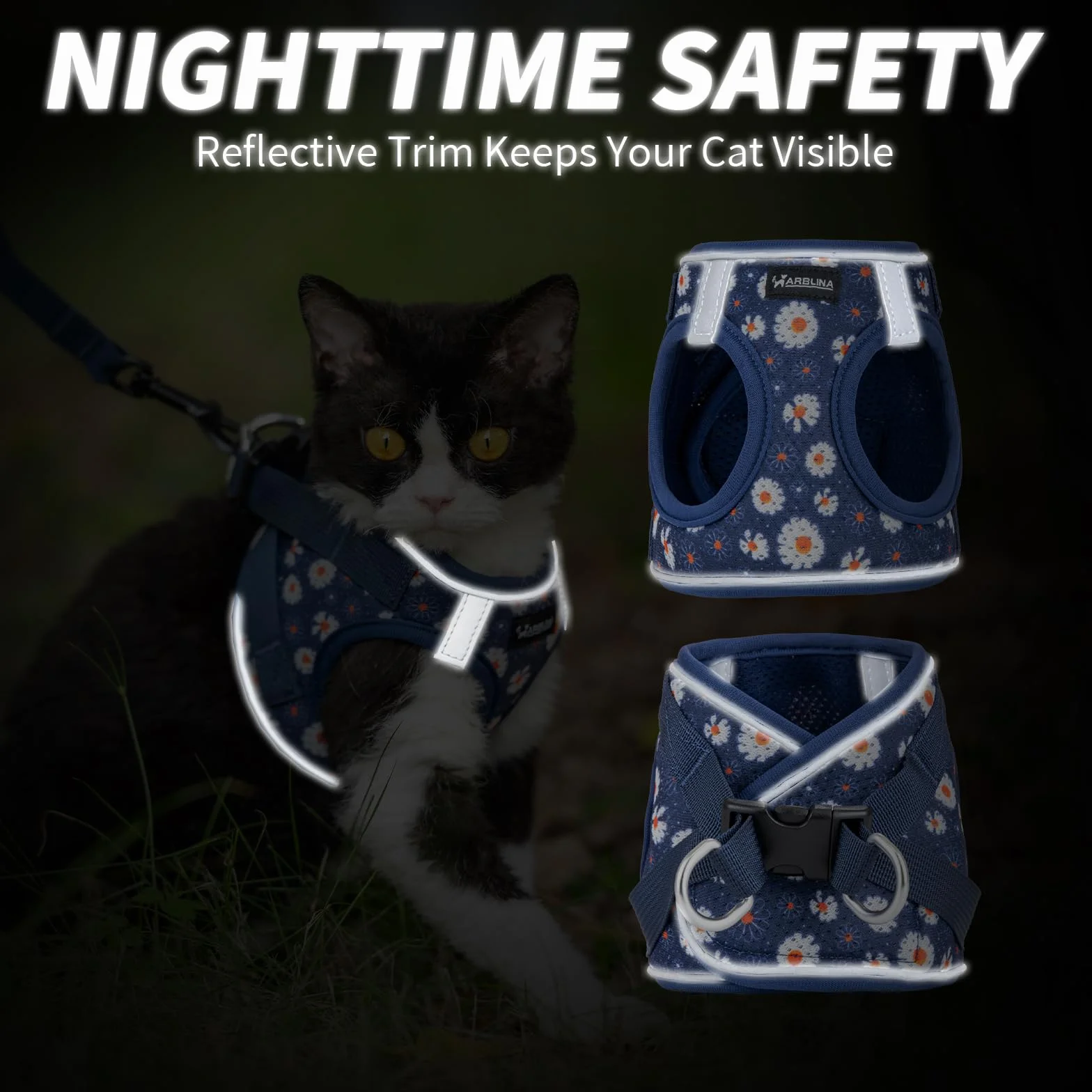 Harnais pour Chat Arblina avec Laisse Souple et Respirant Réflecteurs, Bleu XS