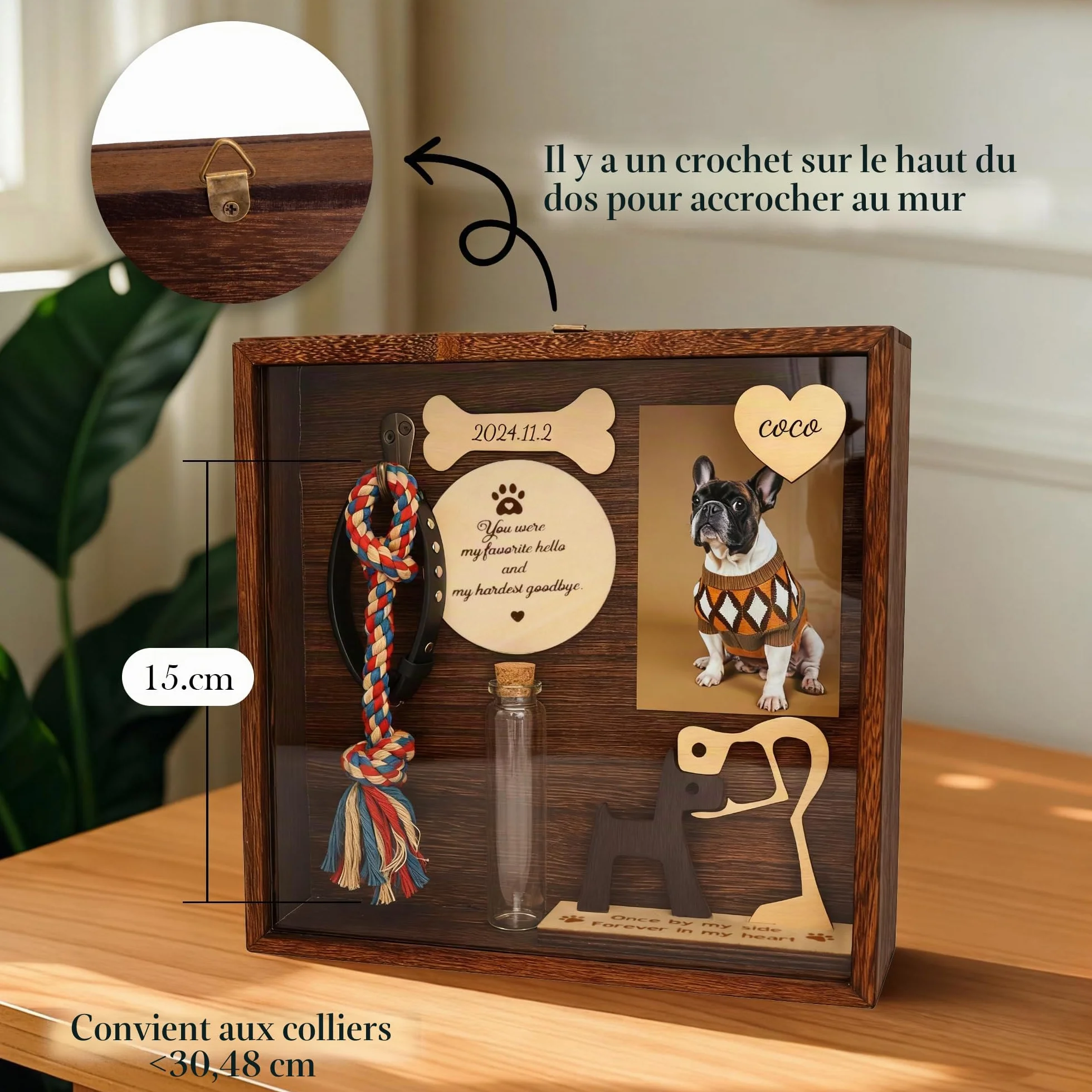 Cadre Vitrine Souvenir Chien Chat Boîte à Ombre Commémorative pour Collier Décédé, Cadre Photo avec Flacon Poils Cendres, Plaque Nominative Bois