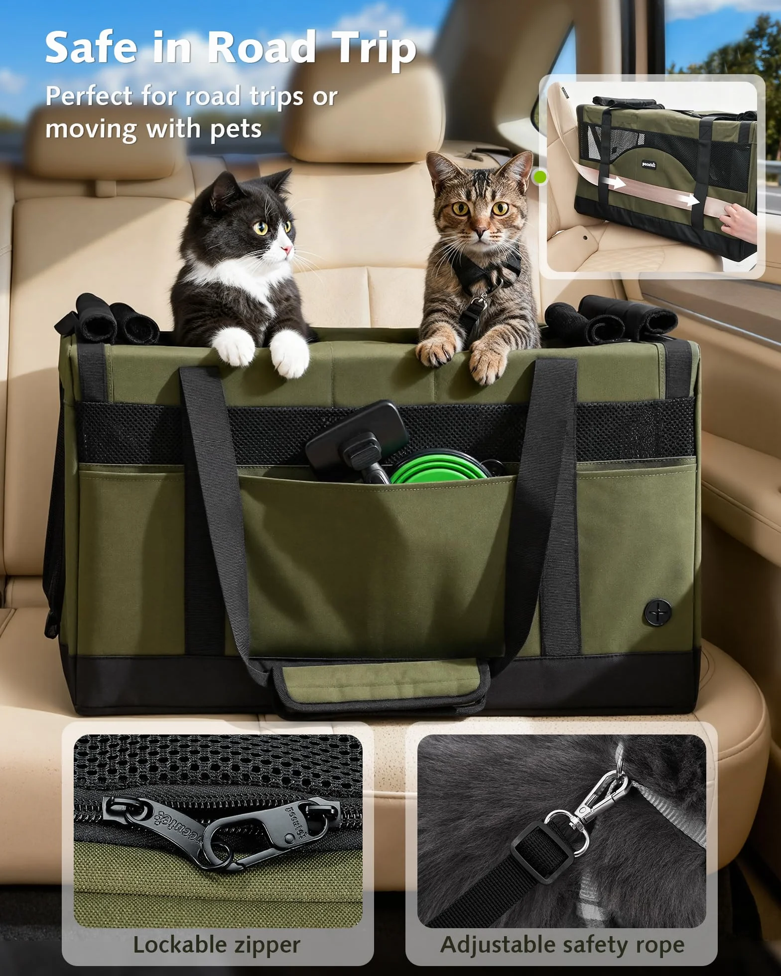 Pecute Sac de Transport pour 2 Chat, Cadre Ultra Stable, Pliable, Vert