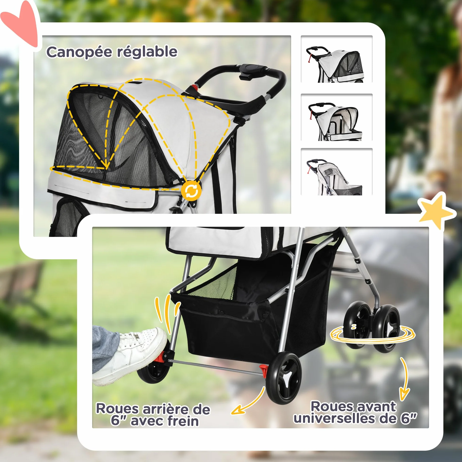 PawHut Poussette buggy pour chiens 77x45x99.5 cm pliable imperméable Oxford 600D gris