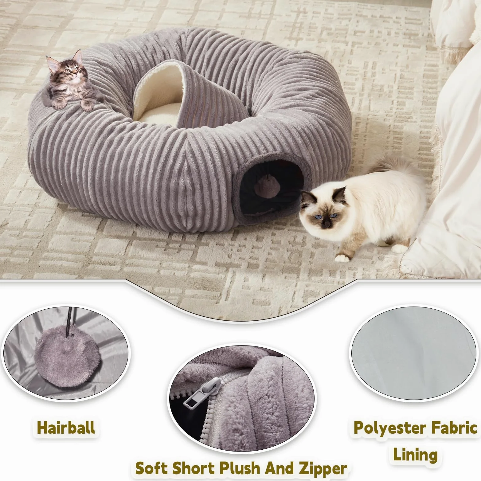 Grand lit tunnel pour chat d'intérieur, jouet tunnel en forme de donut avec coussin circulaire lavable, tente occultante, aire de jeux multifonctionnelle, cachette pour chaton, lapin, furet