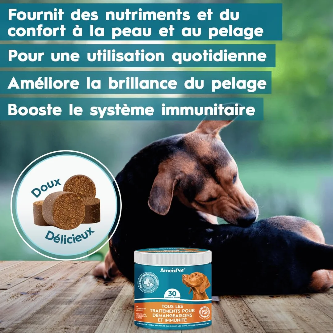AmeizPet Friandises Contre Les Démangeaisons pour Chiens, Immunité et Pelage, 30 Pièces