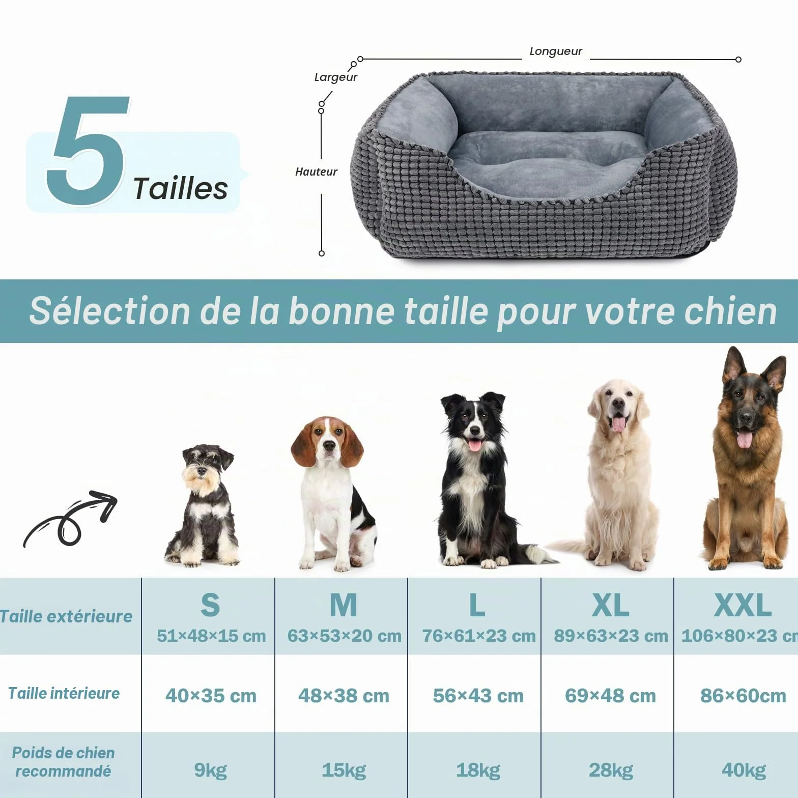 JOEJOY Panier pour Chien Lit Lavable Antidérapant Coussin Doux 51x48x15cm