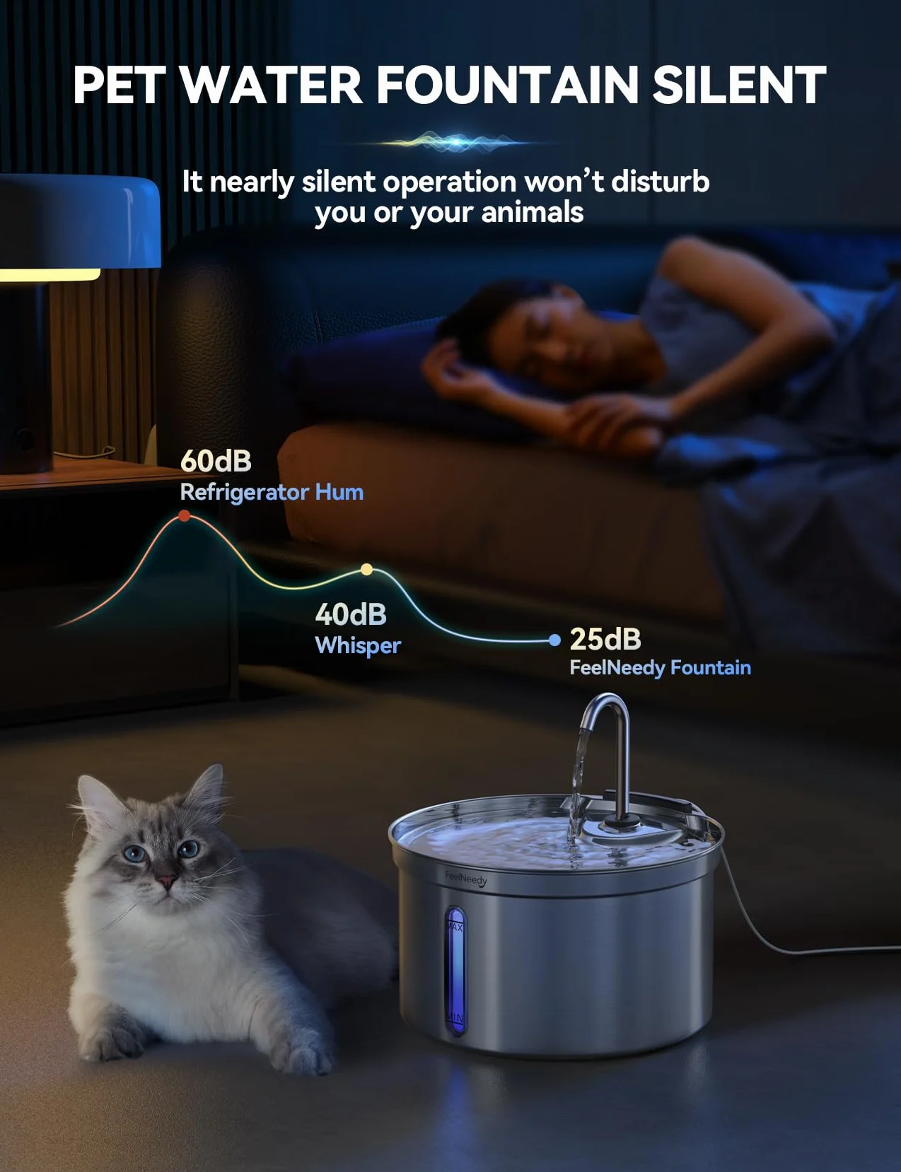 Fontaine à Eau pour Chat en Acier Inoxydable 3,5L Silencieuse avec Robinet et Filtre USB