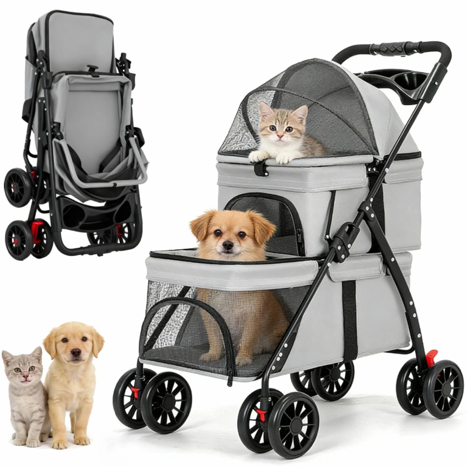 Poussette double pliable pour chats et chiens 2 chariots 4 roues avec sac de rangement et porte-gobelet Gris