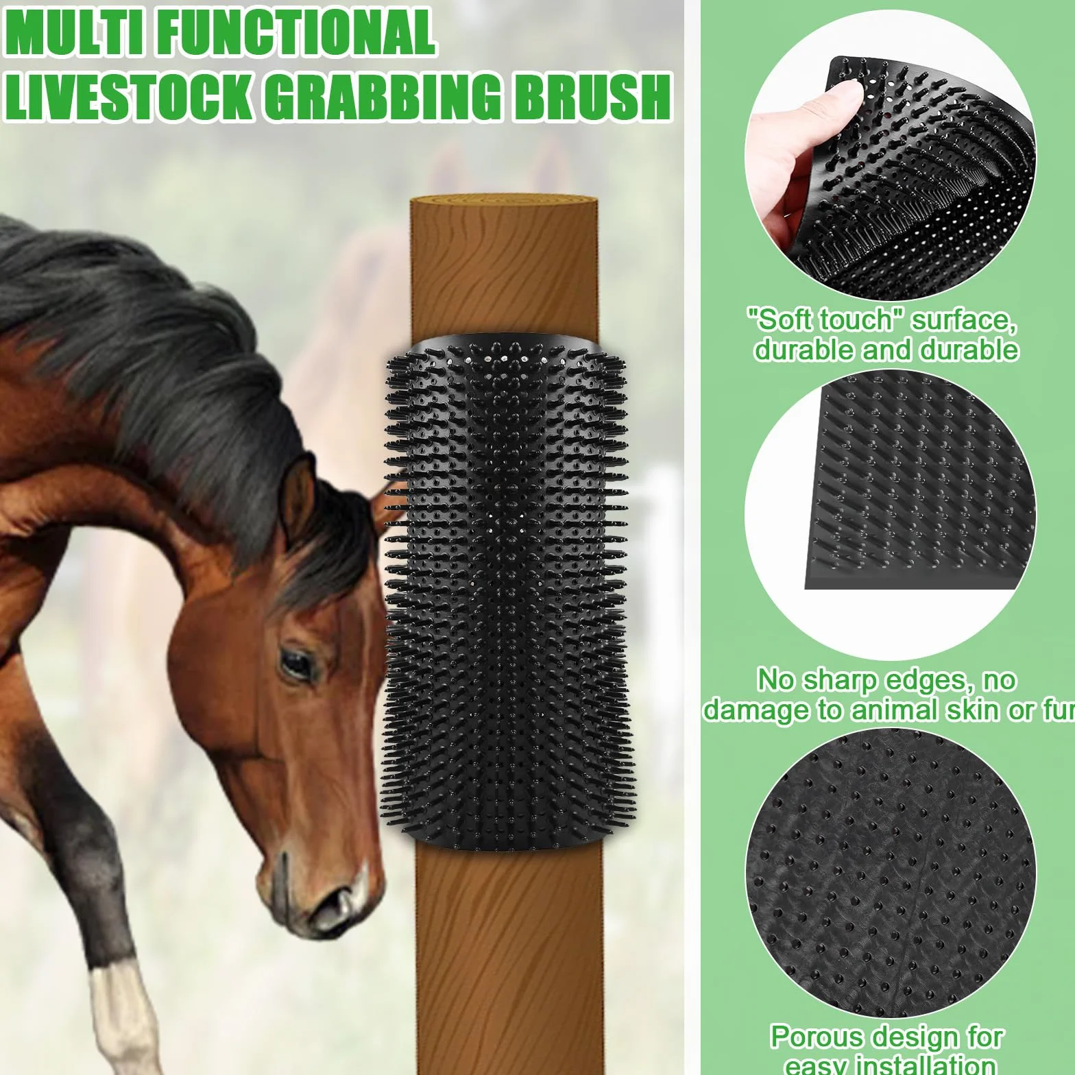 Lot de 3 brosses à gratter pour chevaux 360x300 mm 60 piquets kit complet noir