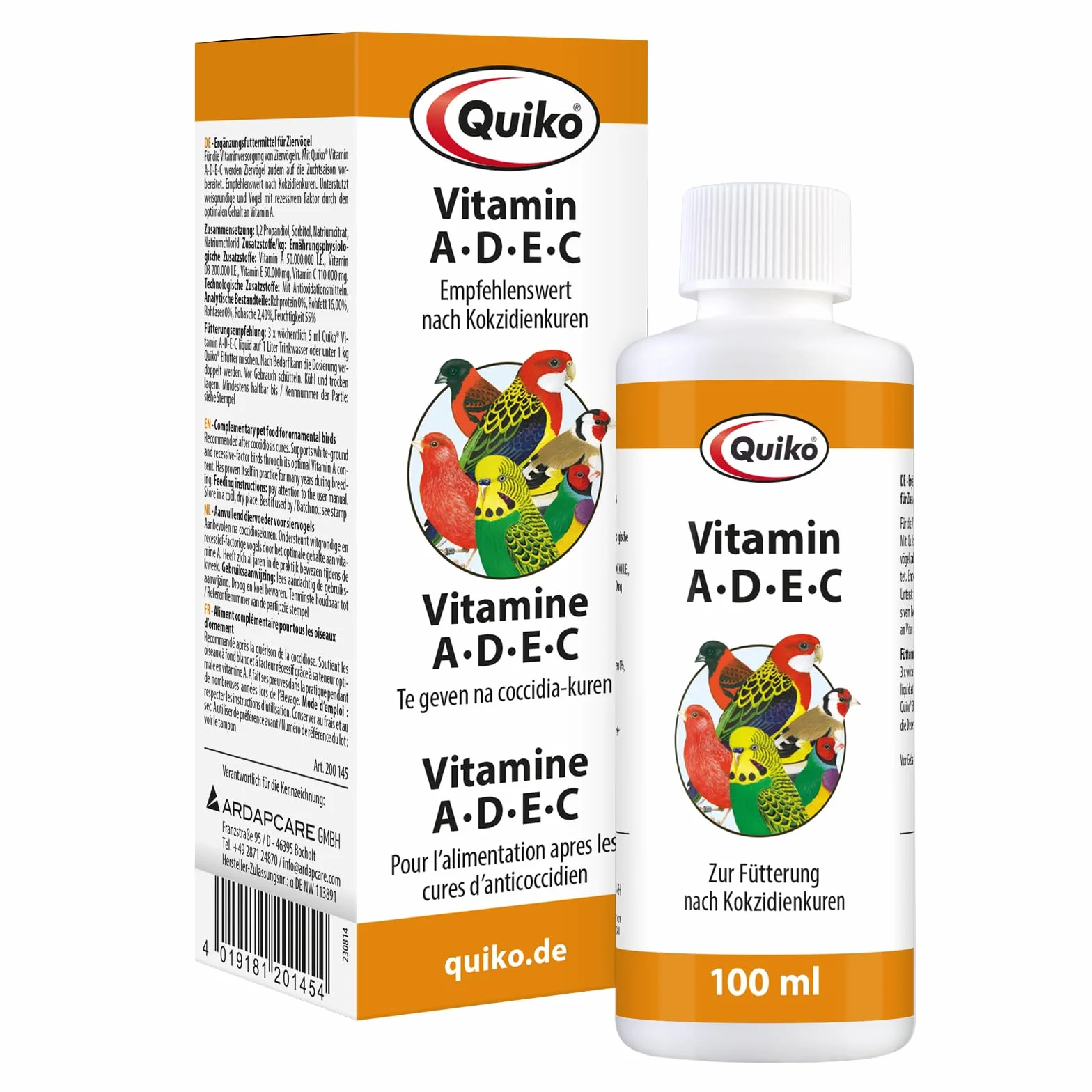 Quiko Vitamine A-D-E-C 100 ml pour oiseaux d'ornement, pigeons voyageurs et poules