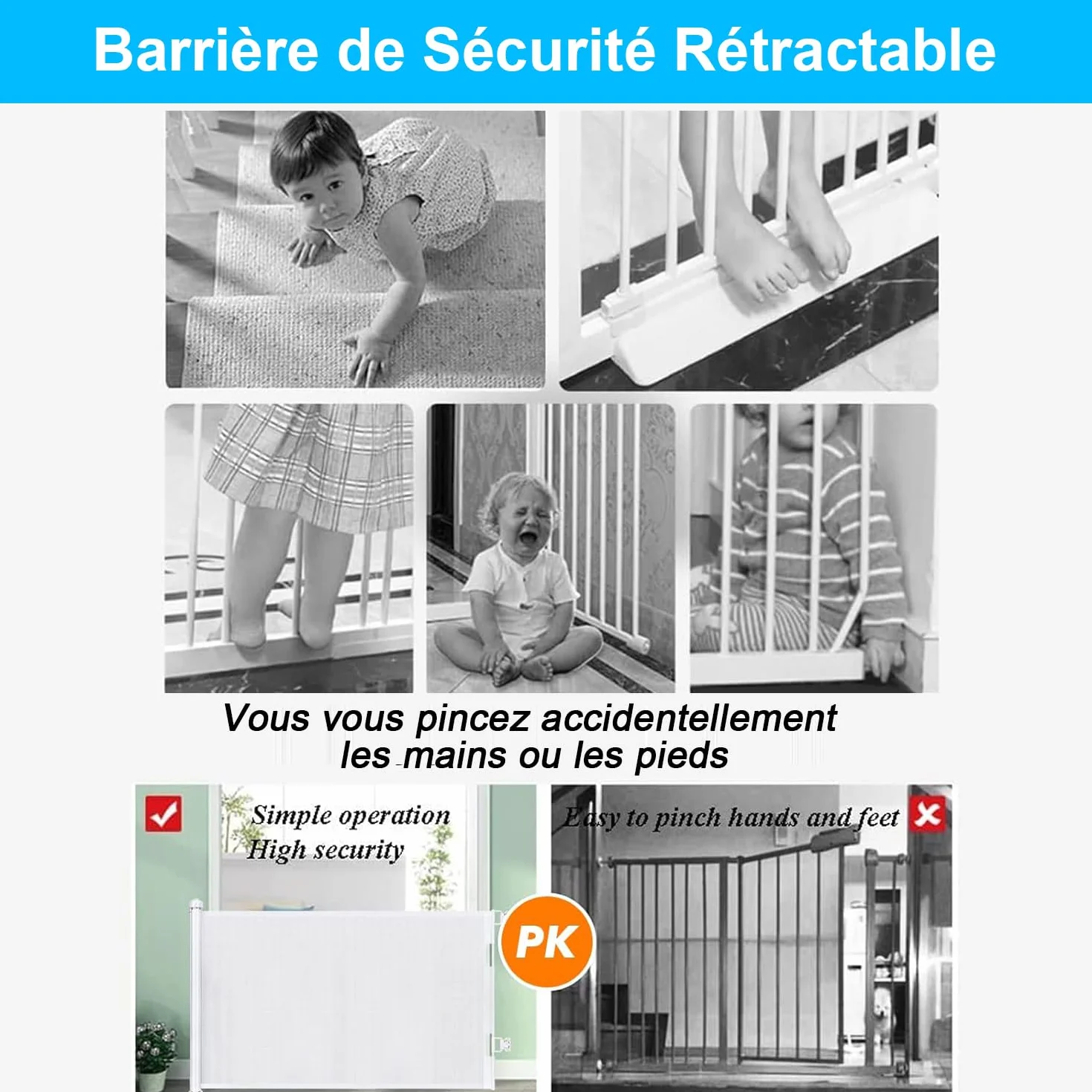 Barrière de Sécurité Rétractable pour Bébé et Animaux, 0-150cm, Escaliers, Couloirs, Portes