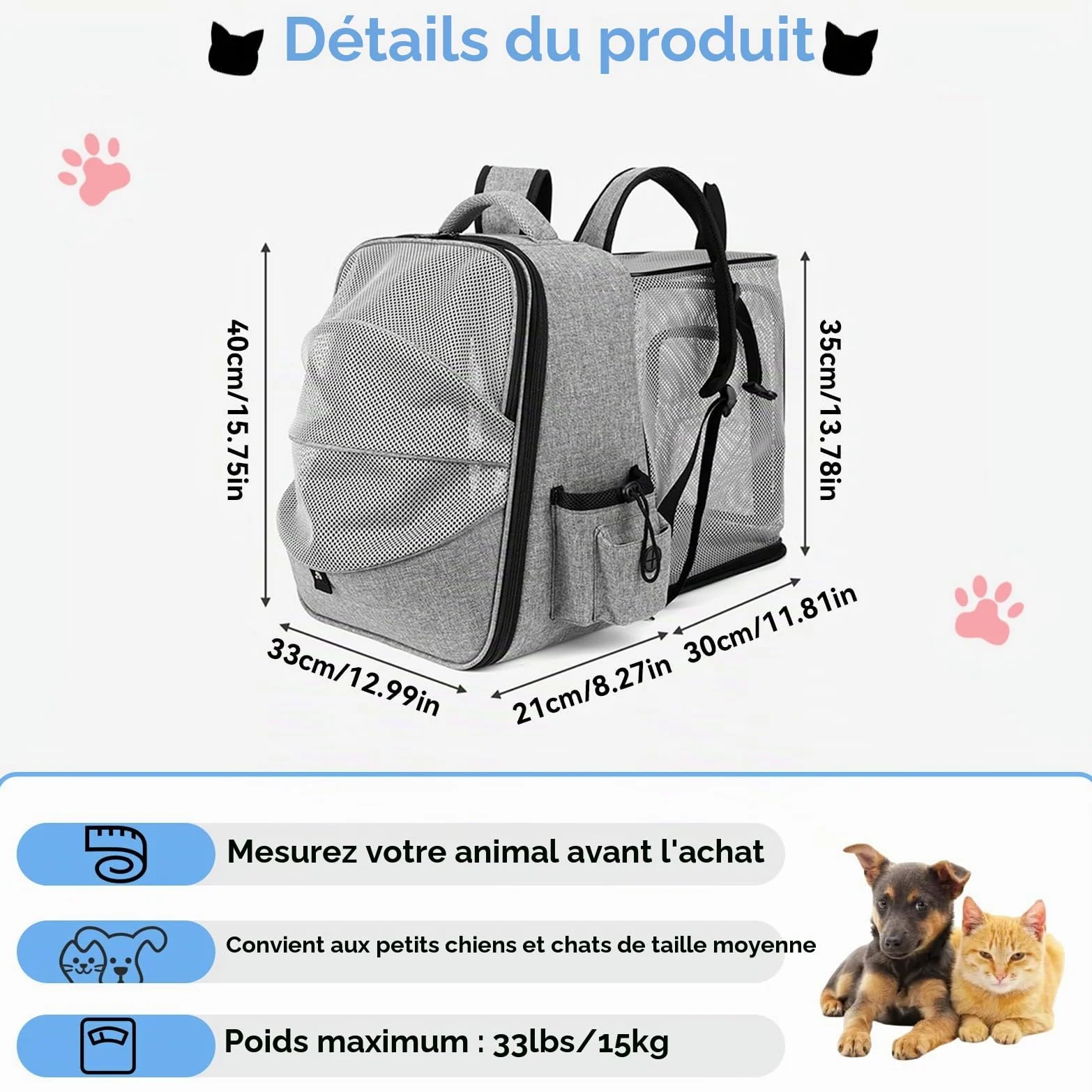 Sac à Dos Extensible pour cha,Sac a Dos Chat Respirant, avec Matelas en Peluche Amovible,pour Animaux de Compagnie jusqu'à 15 kg,Portable Sac Chat Transport pour Voyage, Achats,Gris