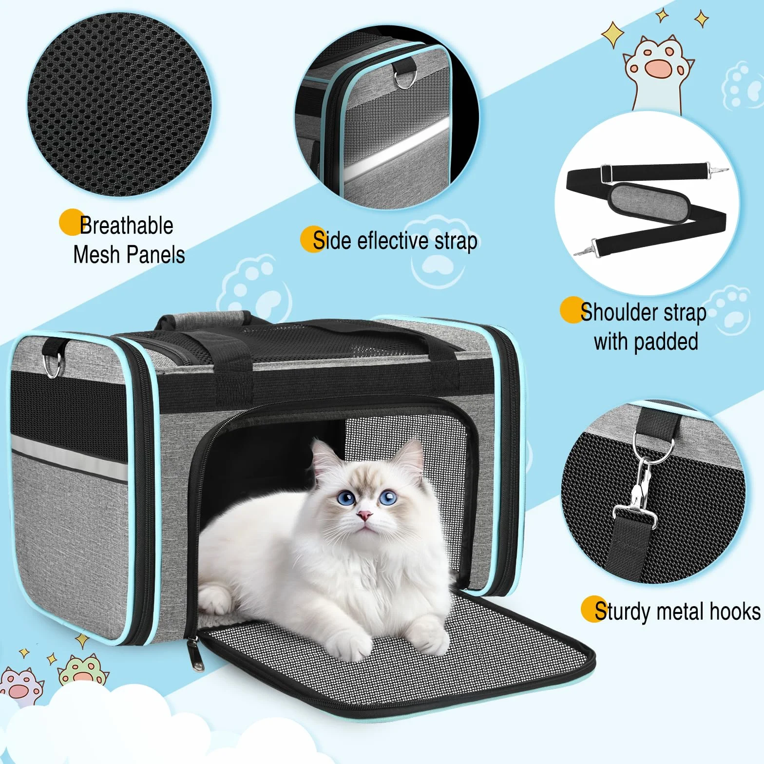 TEUEN Sac Transport Chat Chien Approuvé Aviation Pliable 9kg Tissu Oxford 600D Matelas Amovible Lavable Laisse Sécurité Voyage