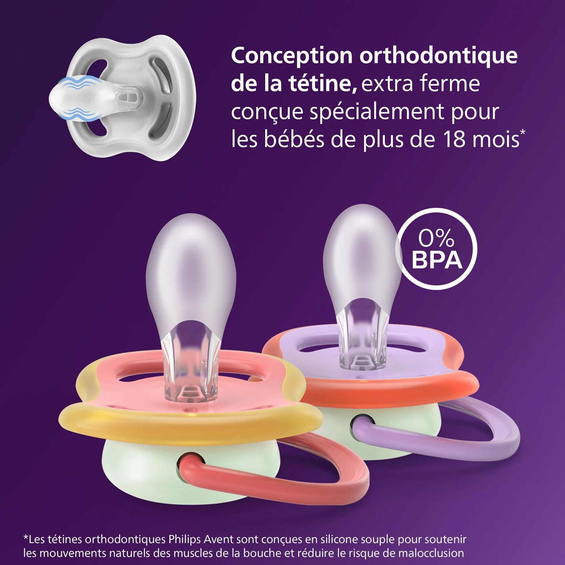 Philips Avent Sucettes de nuit ultra air Tétines orthodontiques bébé 18 mois phosphorescentes silicone sans BPA lot de 2 SCF376/33
