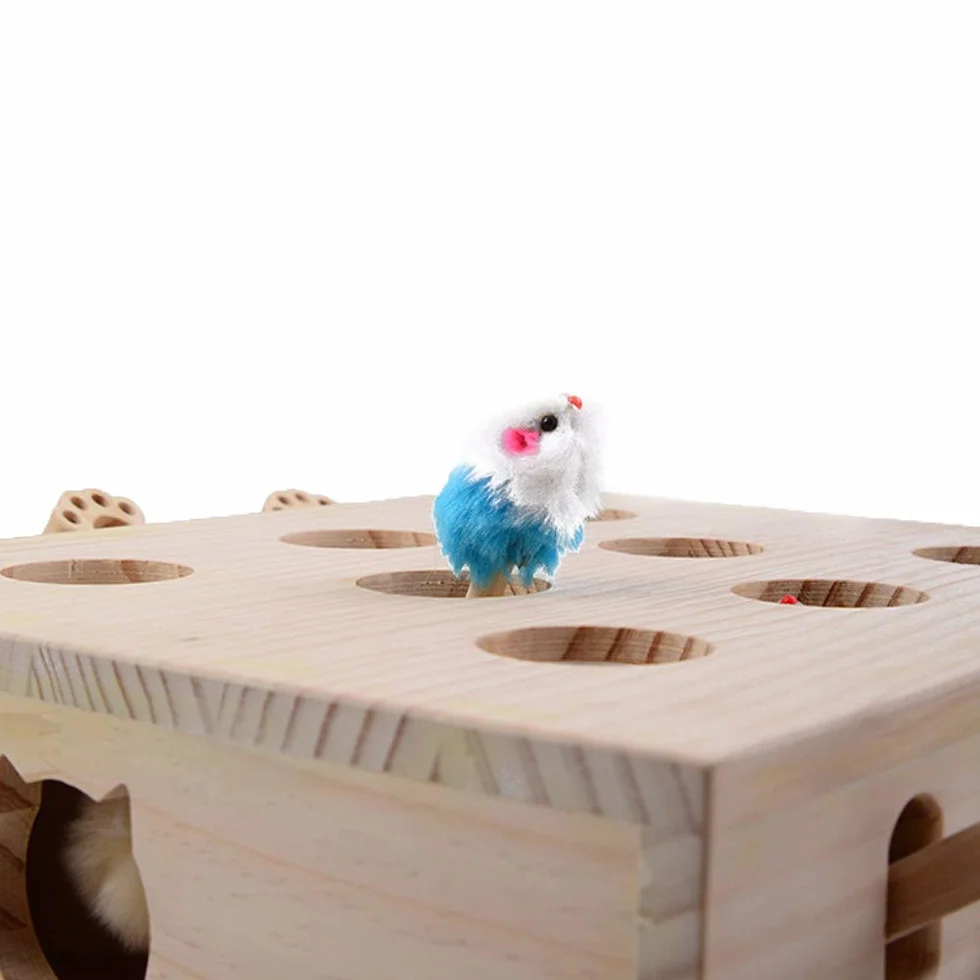 Jouet interactif pour Chat, Bois, Jouet, Taupe Souris, boîte à Puzzle avec Jouets de Dessin animé Mignon pour Chat, Chasse, Jeu, Exercice, gratter - 5 Trous,A