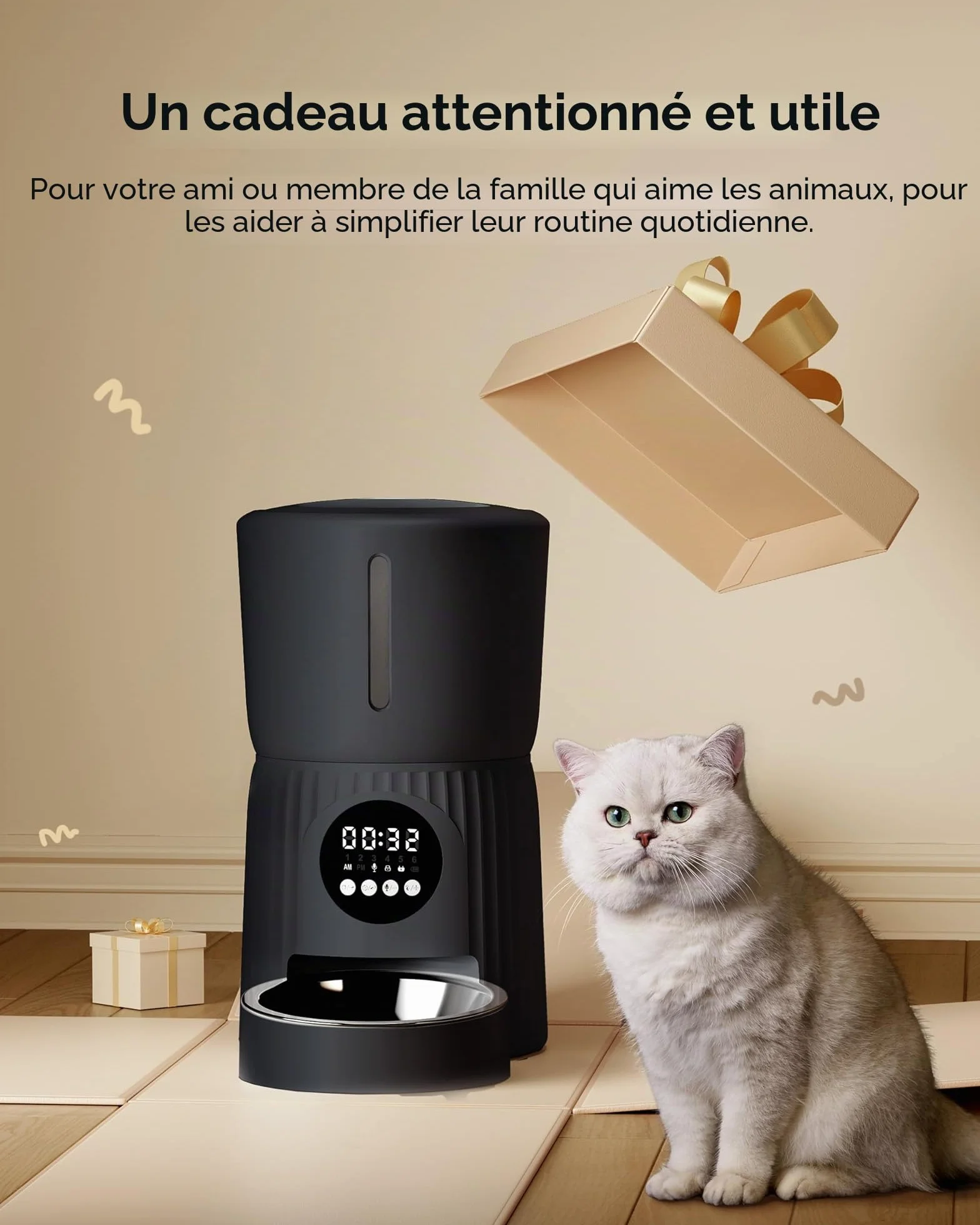 Faroro Distributeur Croquettes Chat Automatique 4L avec Contrôle des Portions, Enregistrement Vocal 10s, Alimentation Lente Noir