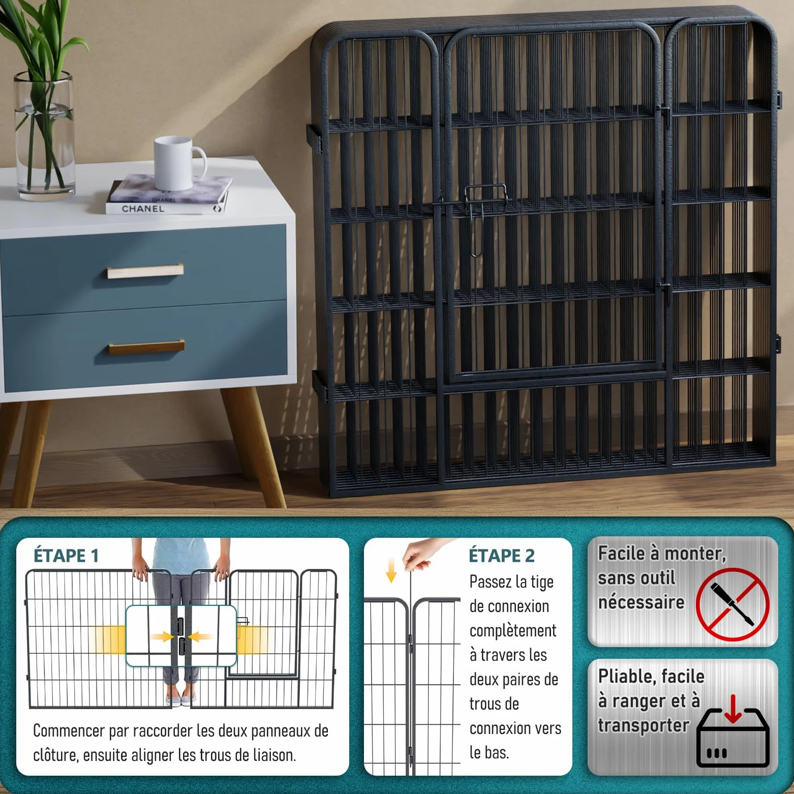Enclos pour Chien Métal, Parc Chiot Intérieur & Extérieur 80x80cm | Clôture Modulable à 8 Panneaux avec Porte, Grillage Pliable, Barrière de Sécurité Extensible pour Petits Animaux Noir