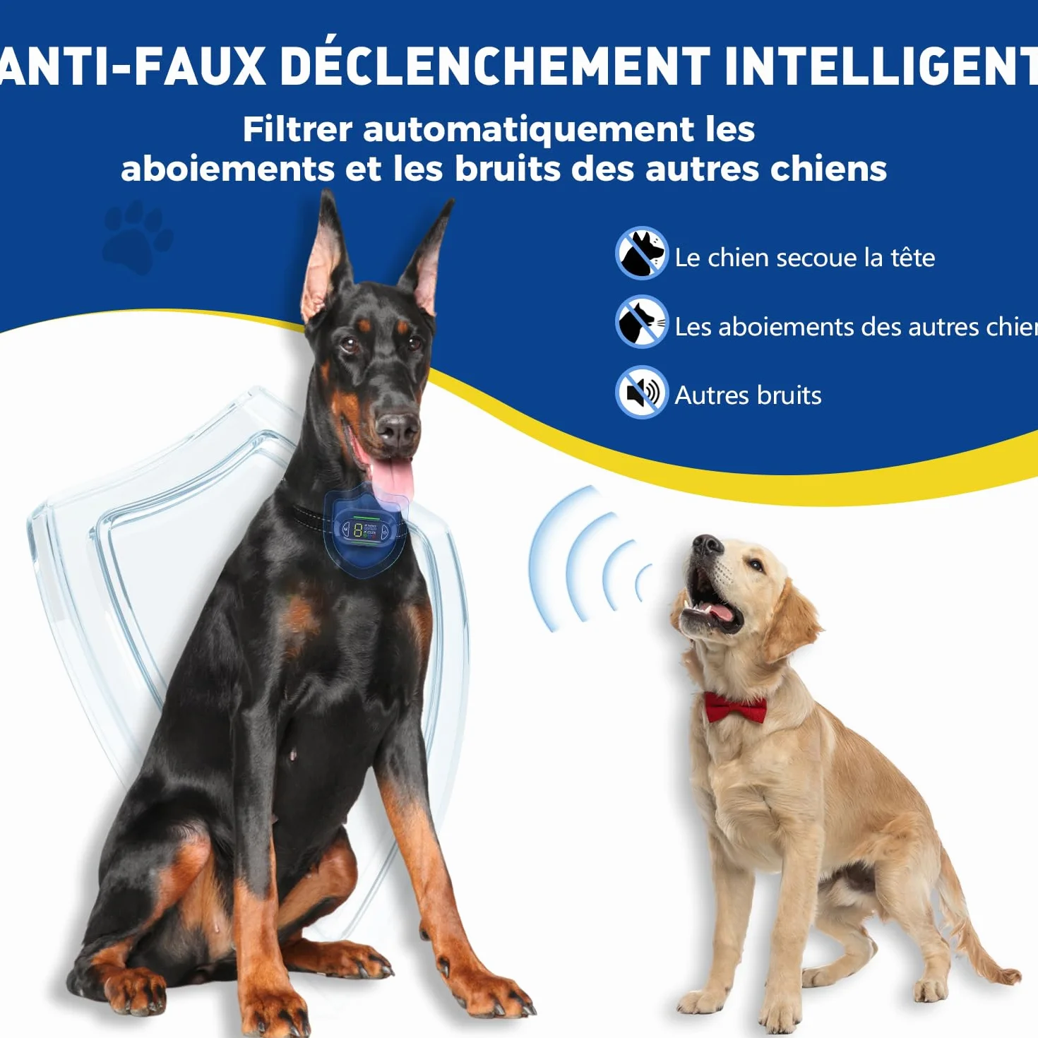 Collier Anti Aboiement Chien Rechargeable IP67 4 Modes Son Vibration Choc Electrique Réglable 5 Niveaux Sensibilité Noir