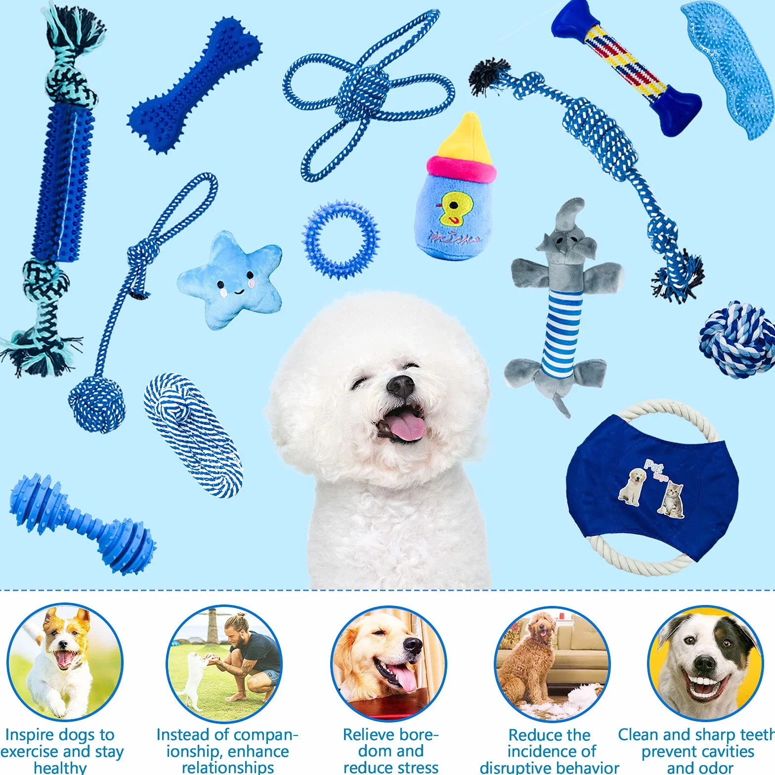 Ensemble de Jouets durables pour Chiens - Corde Jouet Solitude Petits et Moyens Chiens Cadeau Coton Naturel Non Toxique (Bleu)