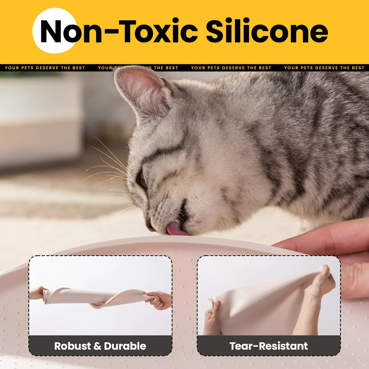 Conlun Tapis Gamelle Chat avec Rebords Surélevés de 1,2 cm pour Contenir Les Déversements, Tapis Gamelle Chien en Silicone sans BPA pour Gamelles d'eau et de Nourriture pour Animaux(Beige,48x30 cm)