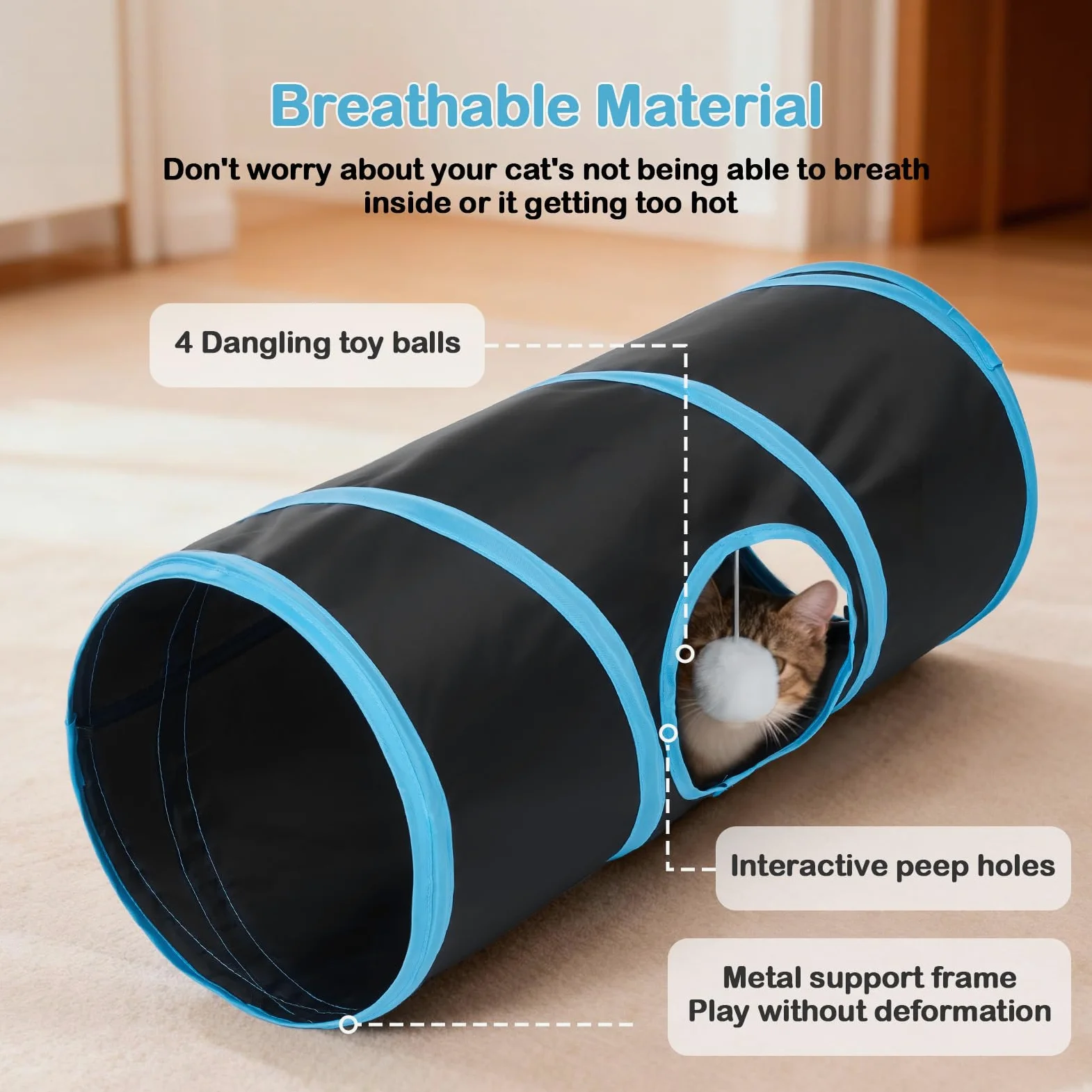 Tunnel pour chat - 3 tunnels droits pour animaux de compagnie - 6 formes à faire soi-même avec baguette - Résistant aux rayures - Tubes pliables pour chiots d'intérieur - Chaton - Lapin - Noir - 208,3