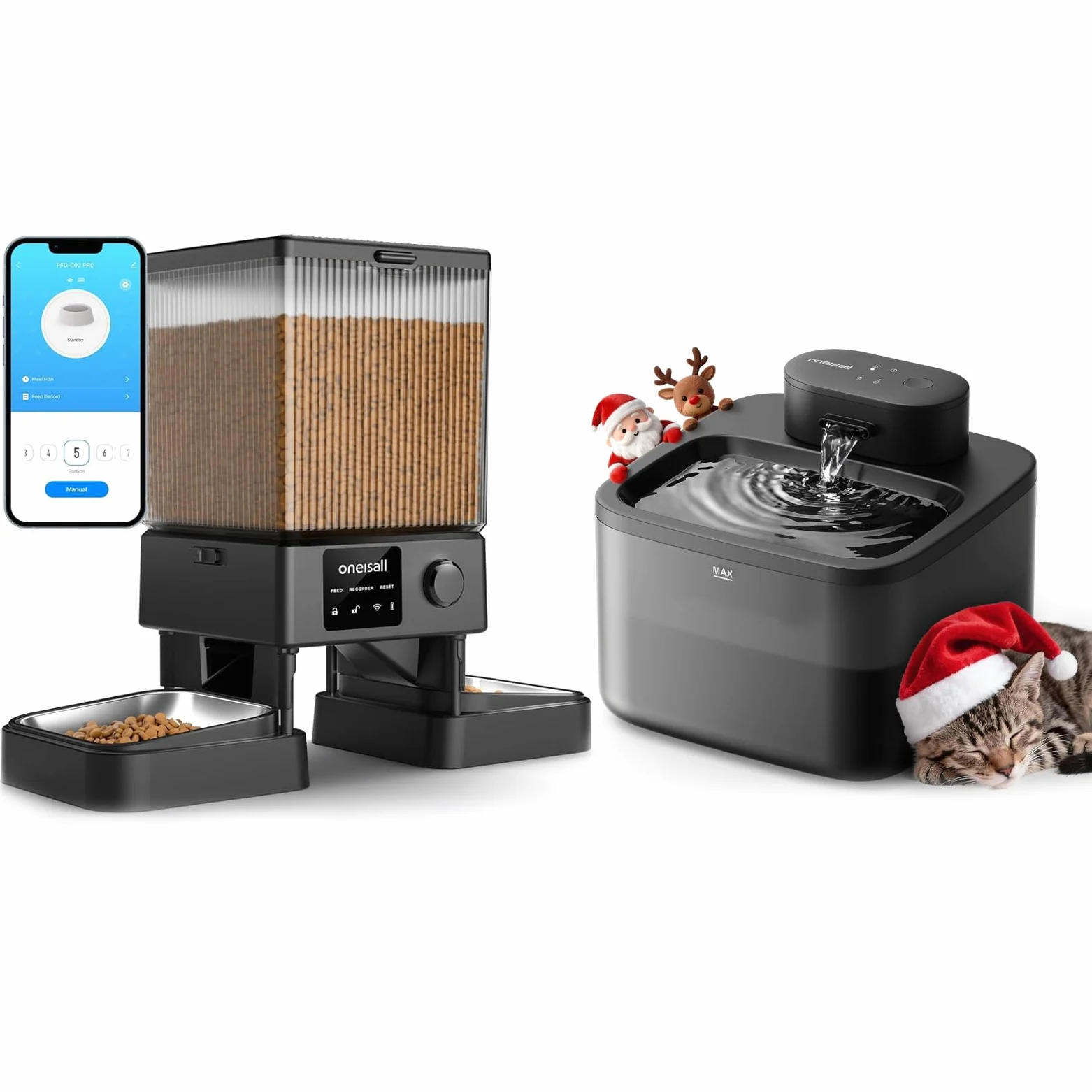 Oneisall Pack Intelligent: 5L Distributeur Croquettes Chat Automatique 2 Bols Distributeur de Nourriture avec App pour Chats/Chiens & Fontaine à Chat Automatique Ultra-Silencieuse 2.2L sans Fil