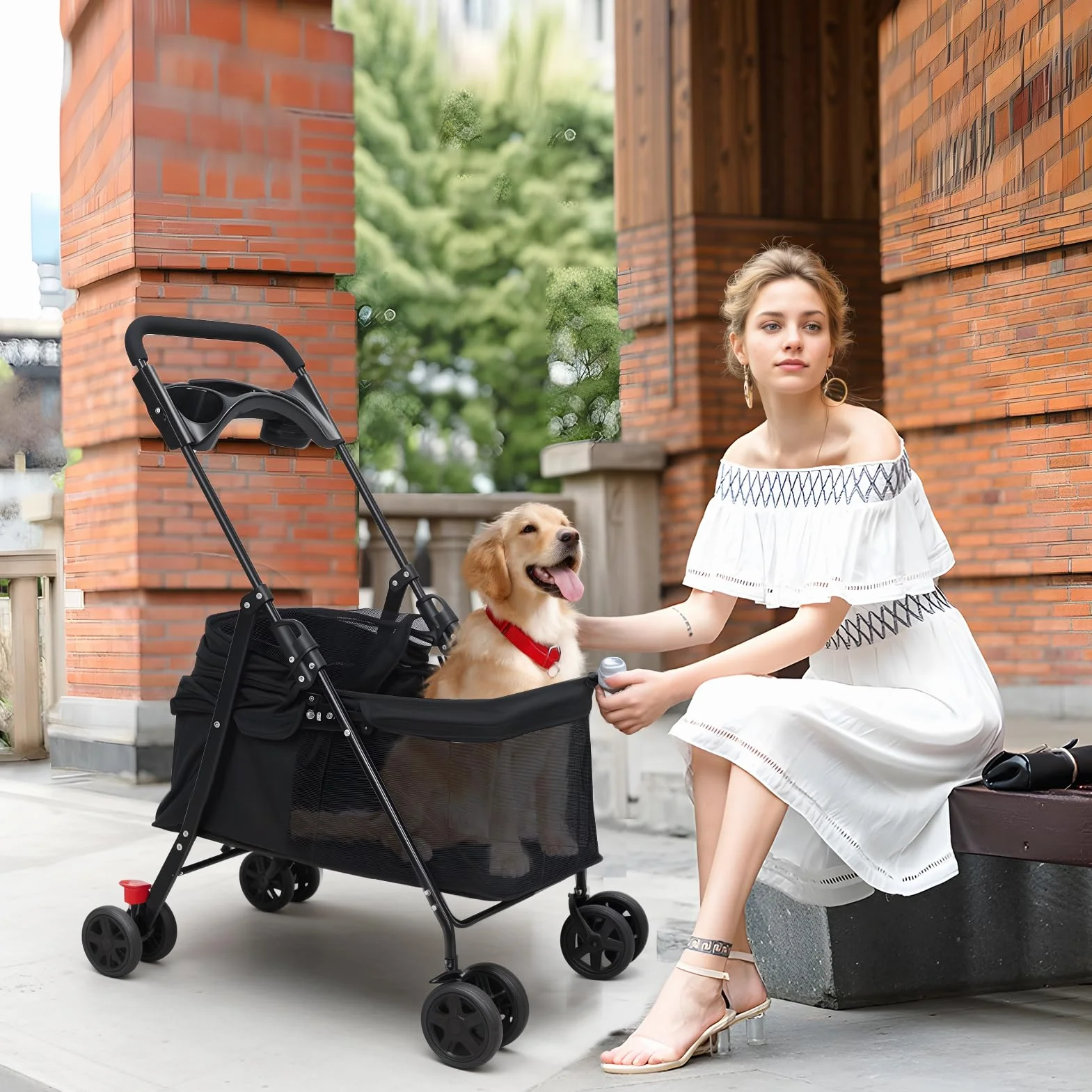 Poussette pour chats et chiens pliable 4 roues avec porte-gobelet fenêtre maille bleu