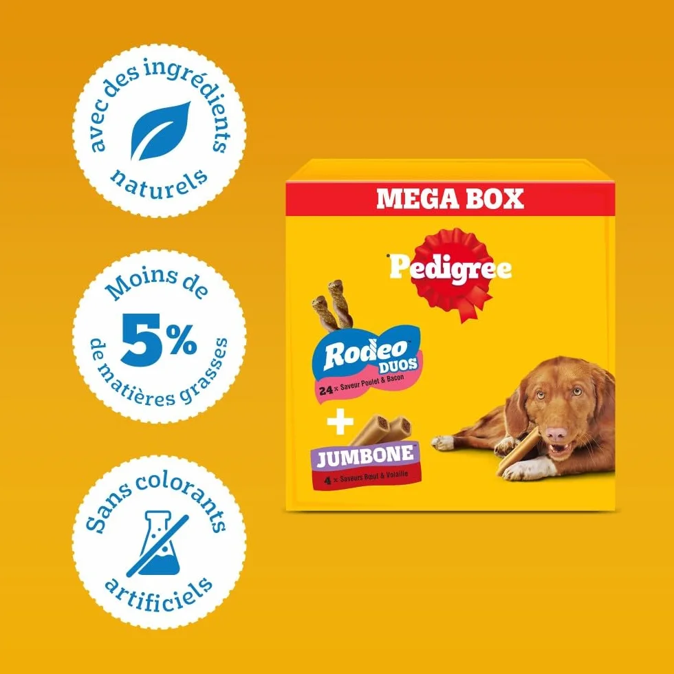 Pedigree Multipack 780 g Friandises pour Chien 24x Rodeo Duos Poulet et Bacon 4x Jumbone Bœuf et Volaille Mega Box