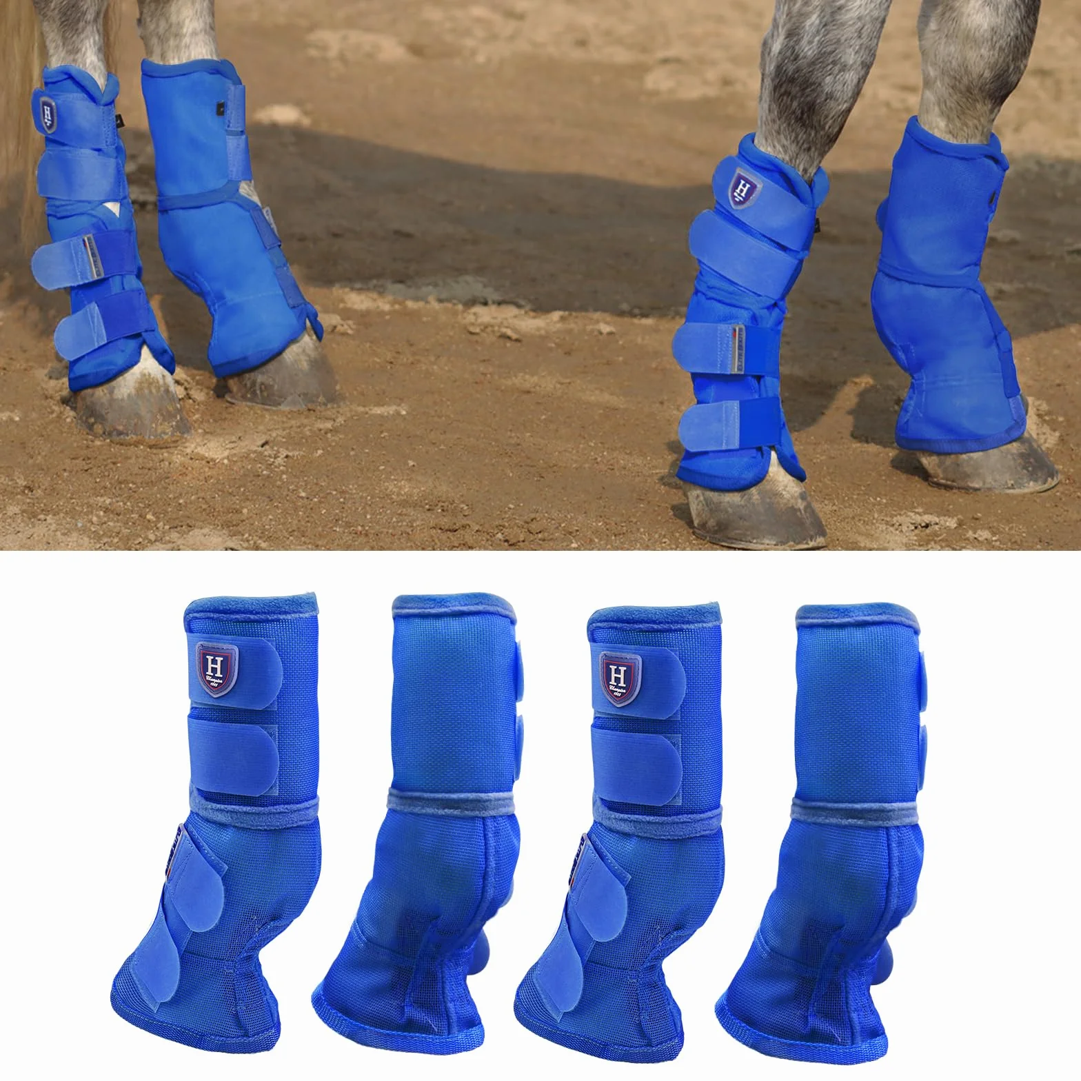 Harrison Howard Lot de 4 guêtres anti-mouches pour cheval - Bleu foncé - XL