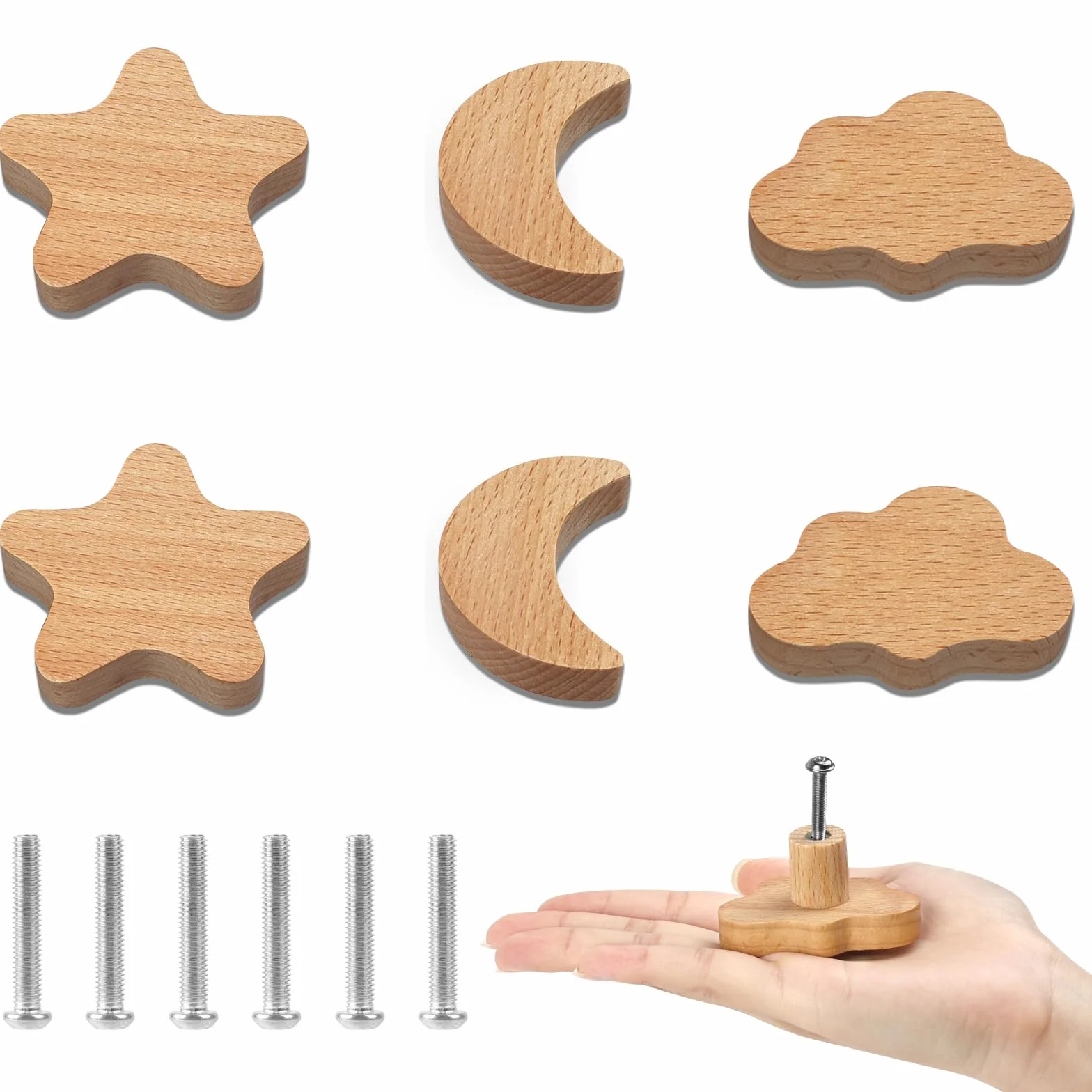 Poignées de Meubles en Bois Aolso, 6pcs Nuages Étoiles Lune, Poignée d'Armoire Tiroir Chambre Enfant