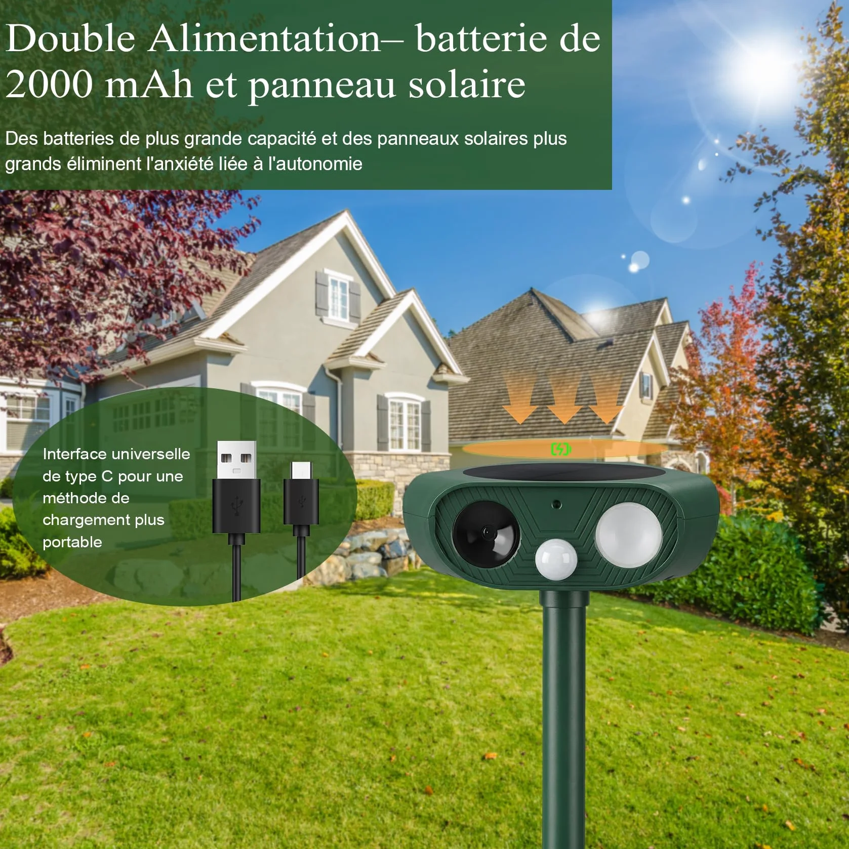 Repulsif Chat Exterieur 360° Ultrason IP65 Imperméable avec Flash LED Détecteur PIR Anti Chat Chiens