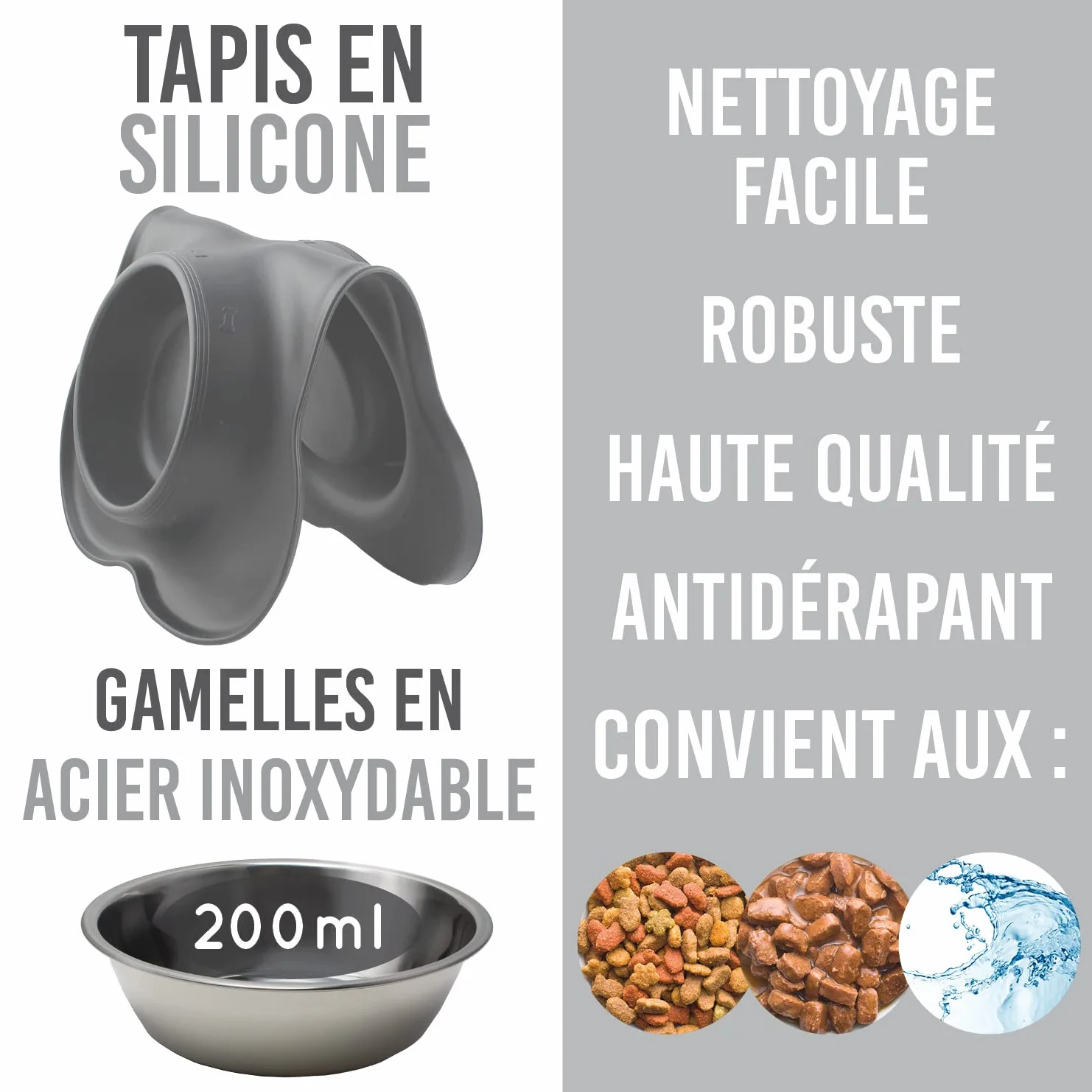 Tapis pour gamelle en Silicone KaraLuna avec gamelles en Acier Inoxydable Lot de 2 gamelles pour Chat 200ml Gris