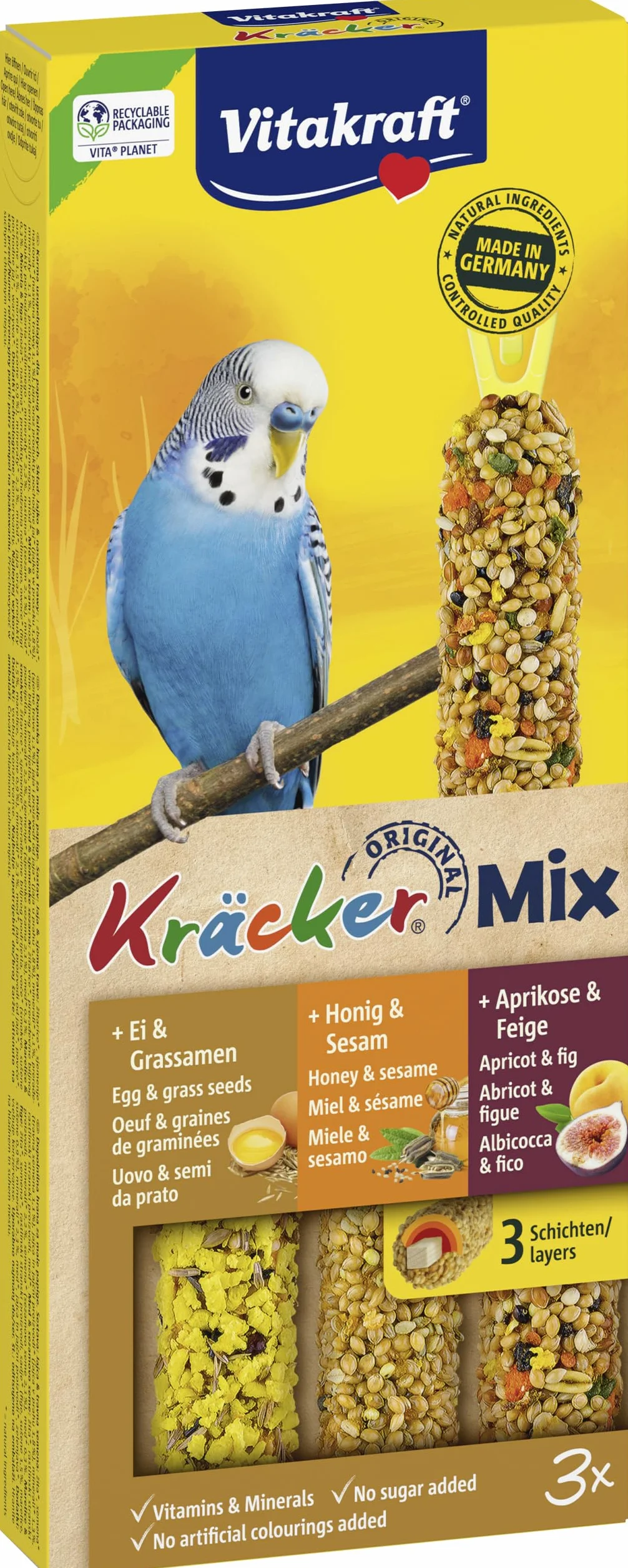 VITAKRAFT Kräcker Mix Snack Pour Oiseaux Œufs Graines Herbe Abricot Figue Miel Sésame Entretien Bec Sans Sucre 10x90G