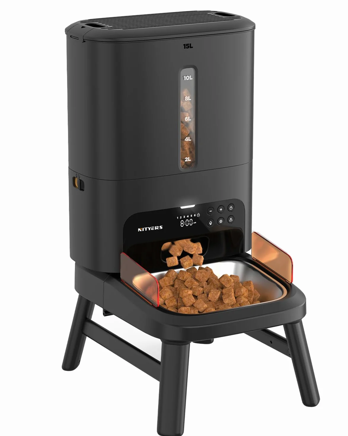 Distributeur Croquettes Chien Automatique, 15L Grande Capacité | Croquettes Jusqu'à 18mm, Support Réglable en 2 Hauteurs, Alerte Niveau Bas, pour Chien de Grande Taille et Chats Multiples