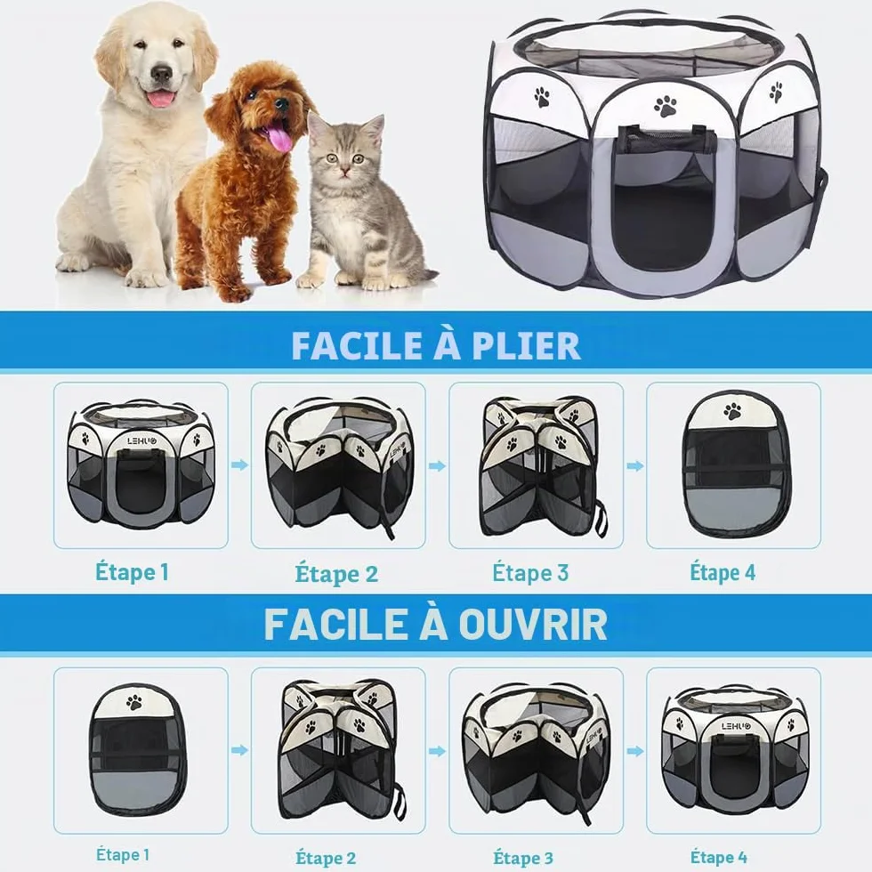 Parc pour Chien Portable Imperméable Toile Oxford Gris pour Chiots Petits Chats Lapins