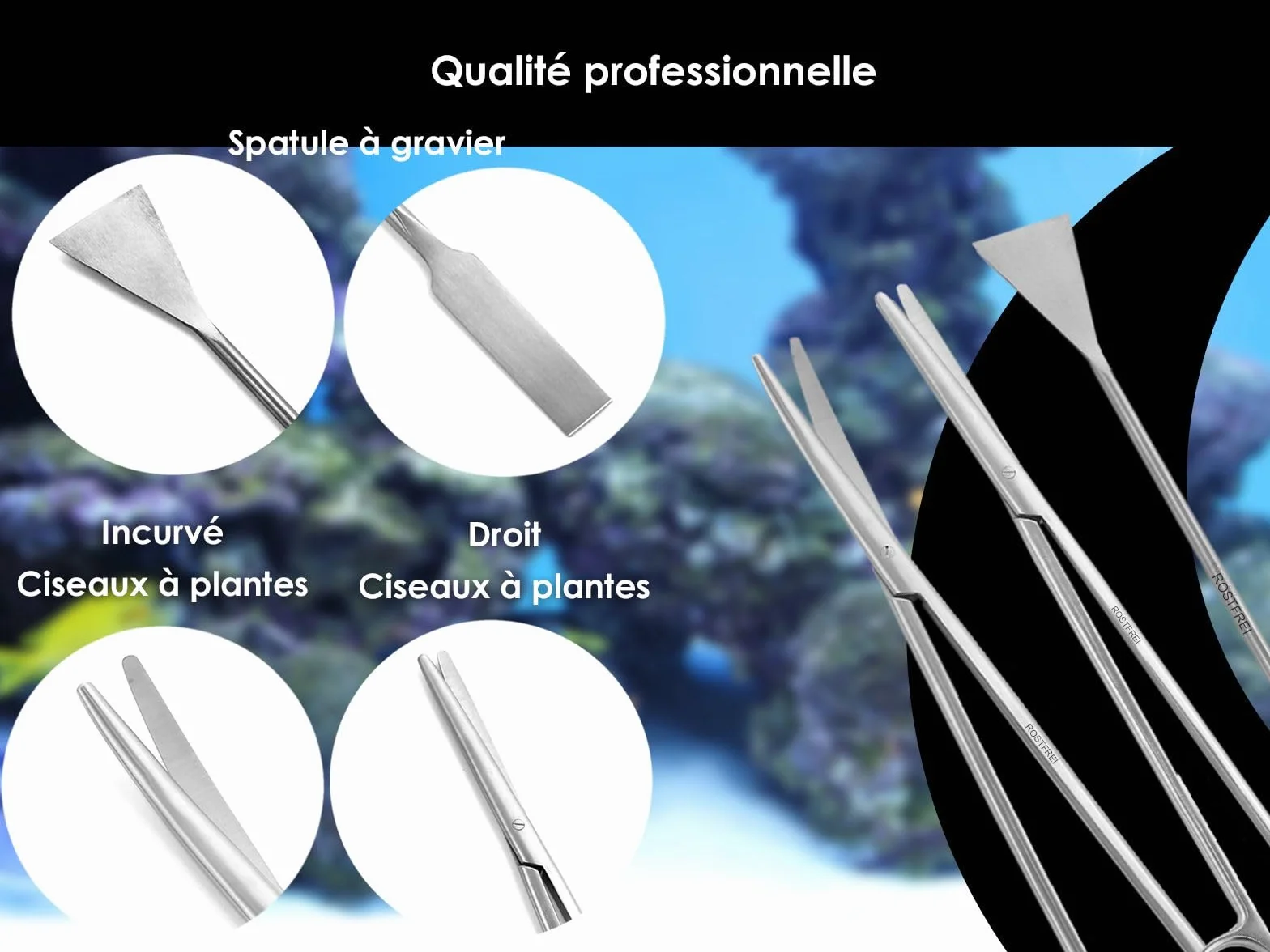 Kit complet pour aquarium-terrarium en acier inoxydable - Pinces, ciseaux, spatule à gravier