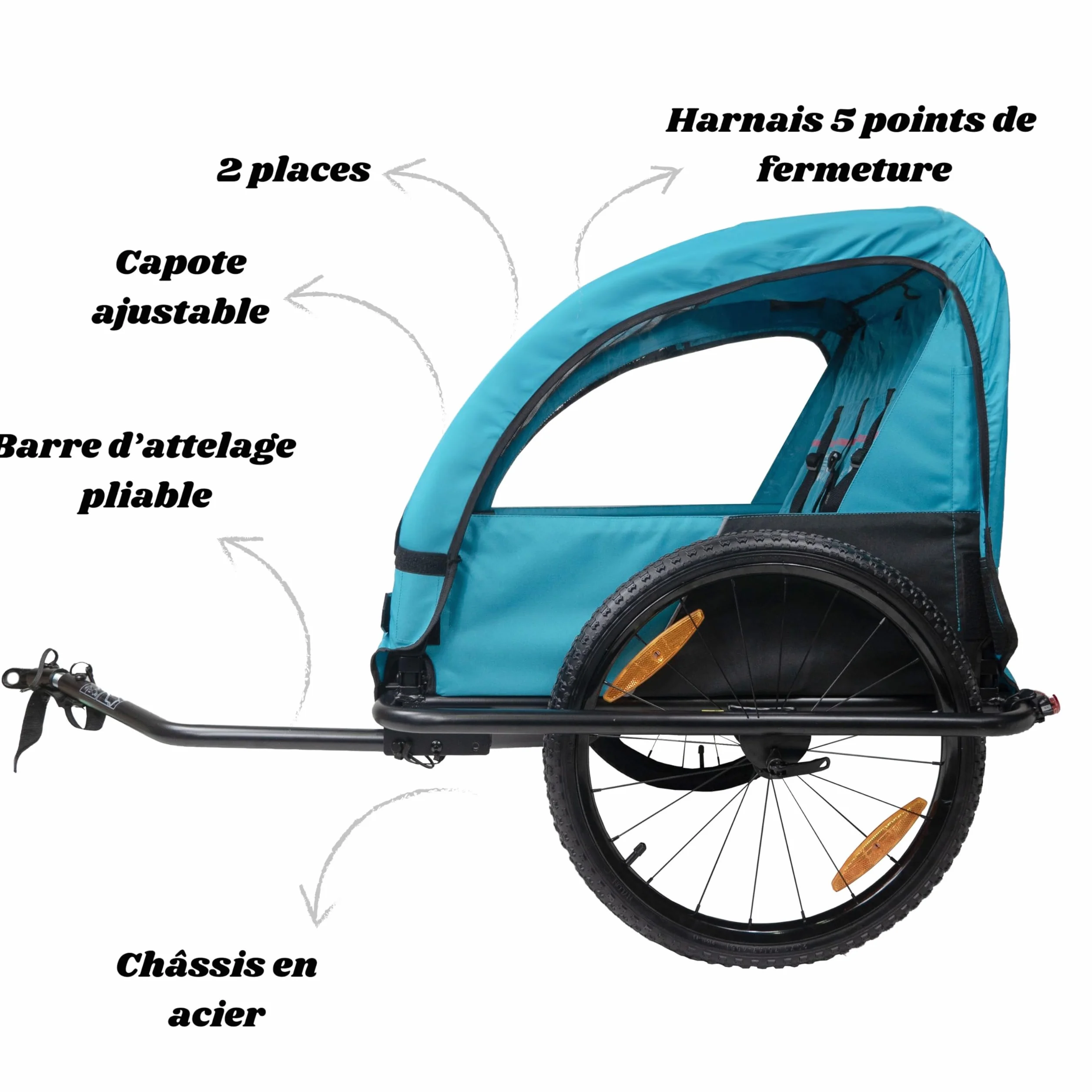 Remorque Vélo Enfant 2 Places Kiid Adventure 2 - Châssis Acier, Pliable, Roues 20", Compatible Vélos 26-29"