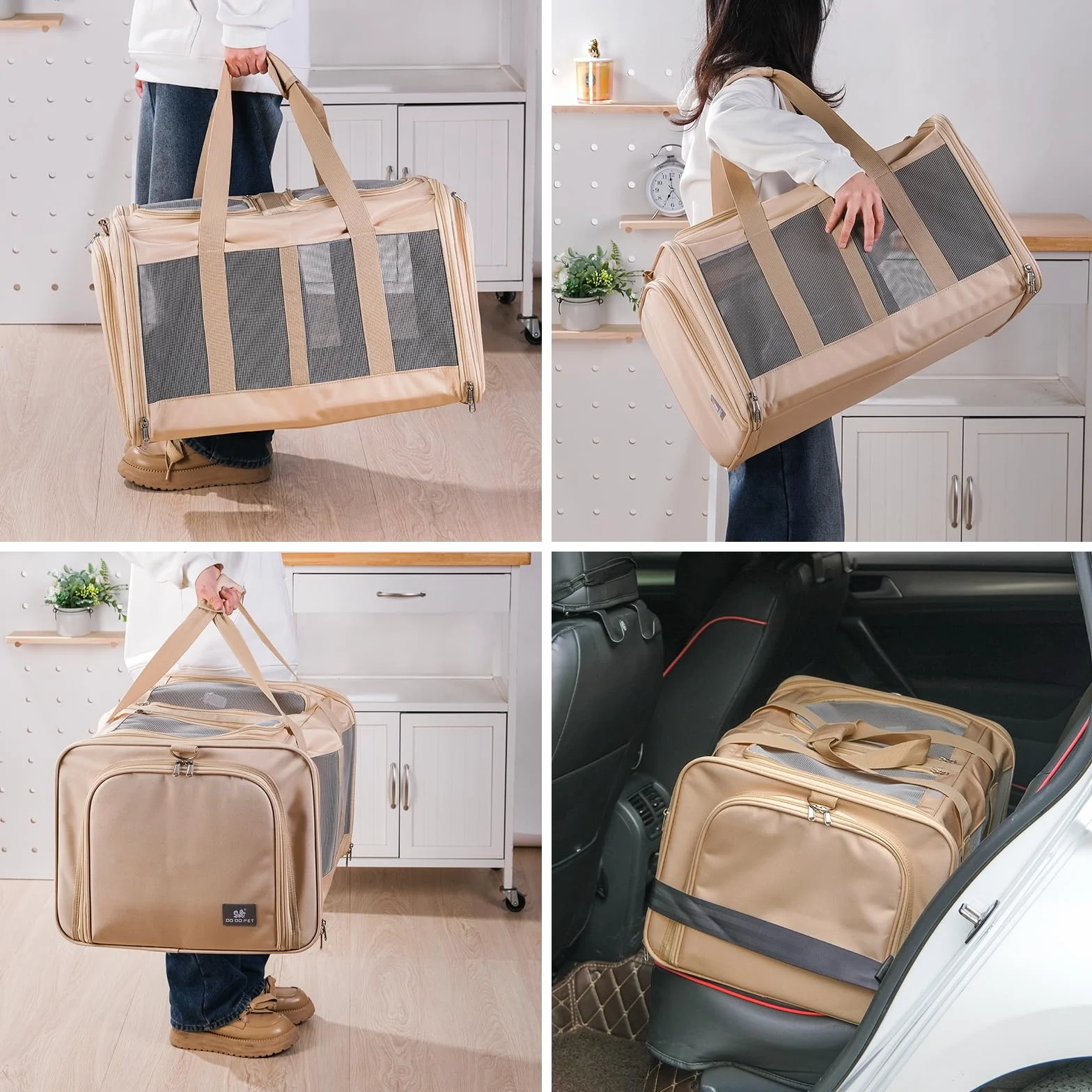 Boîte de transport pour chats pliable extensible 53x43x33cm Beige 15kg
