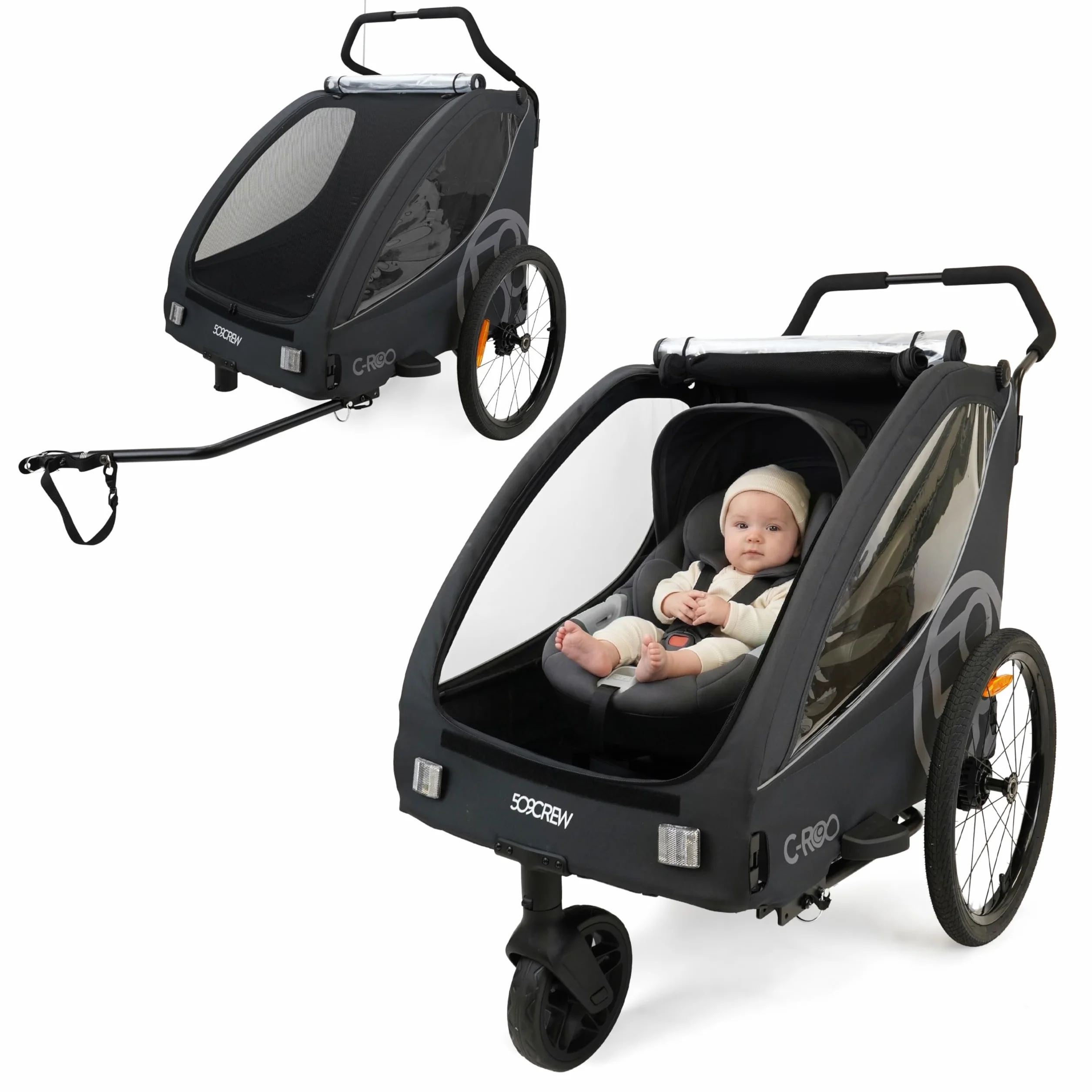 C-ROO Remorque de vélo multi-usage Infant Ride Newborn 50 kg filet anti-moustiques 2 housses siège
