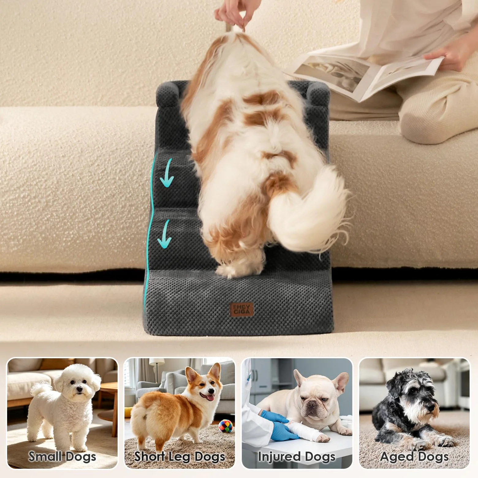 EHEYCIGA Escalier Chien 4 Marches 44.7cm H, Rampe Chien pour Canapé Lit | Mousse Haute Densité, Surface Antidérapante, Housse Amovible et Lavable, Pour Petits Chiens et Chats, Gris