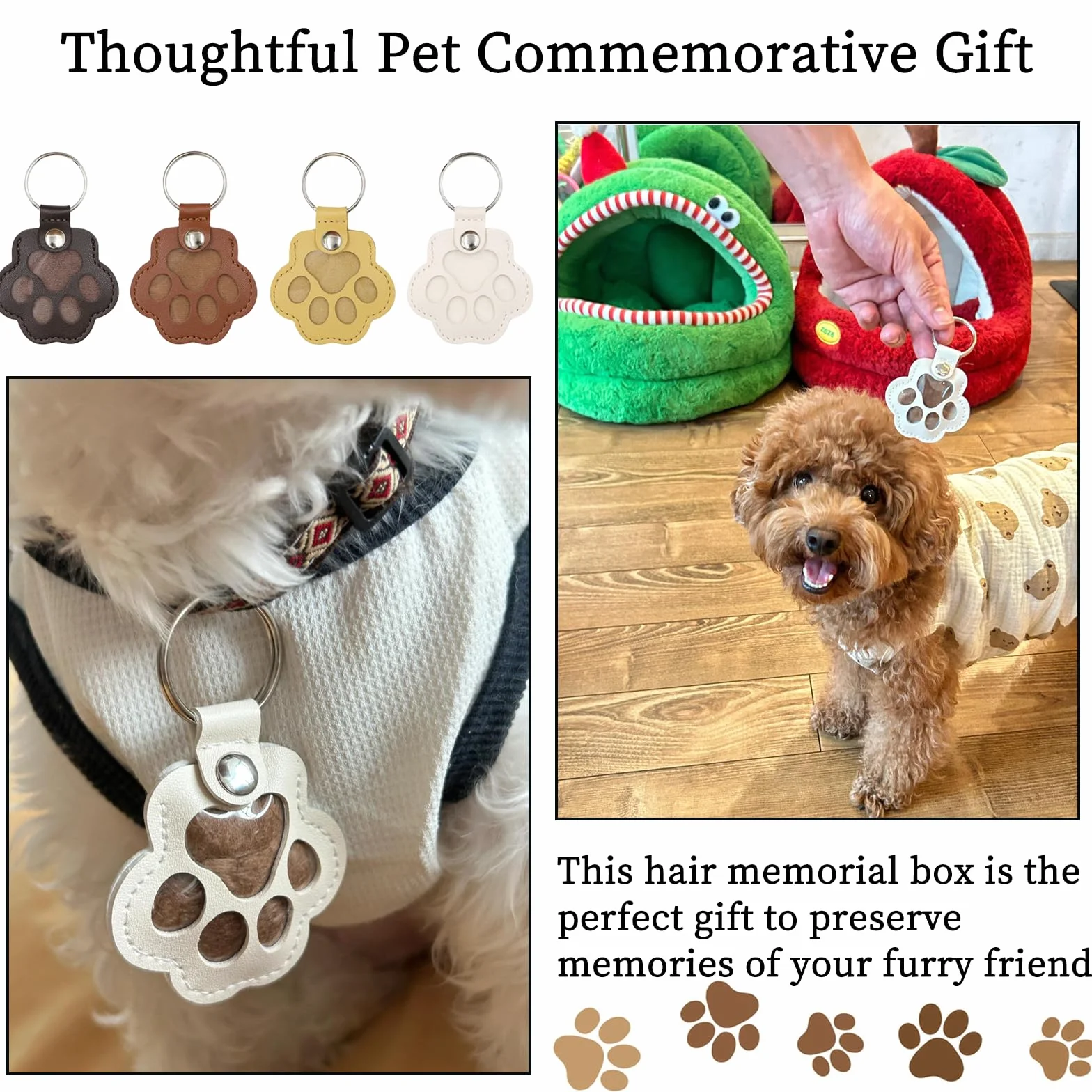 Porte-clés commémoratif en cuir patte de chien et chat, boite souvenir poils animal (marron)