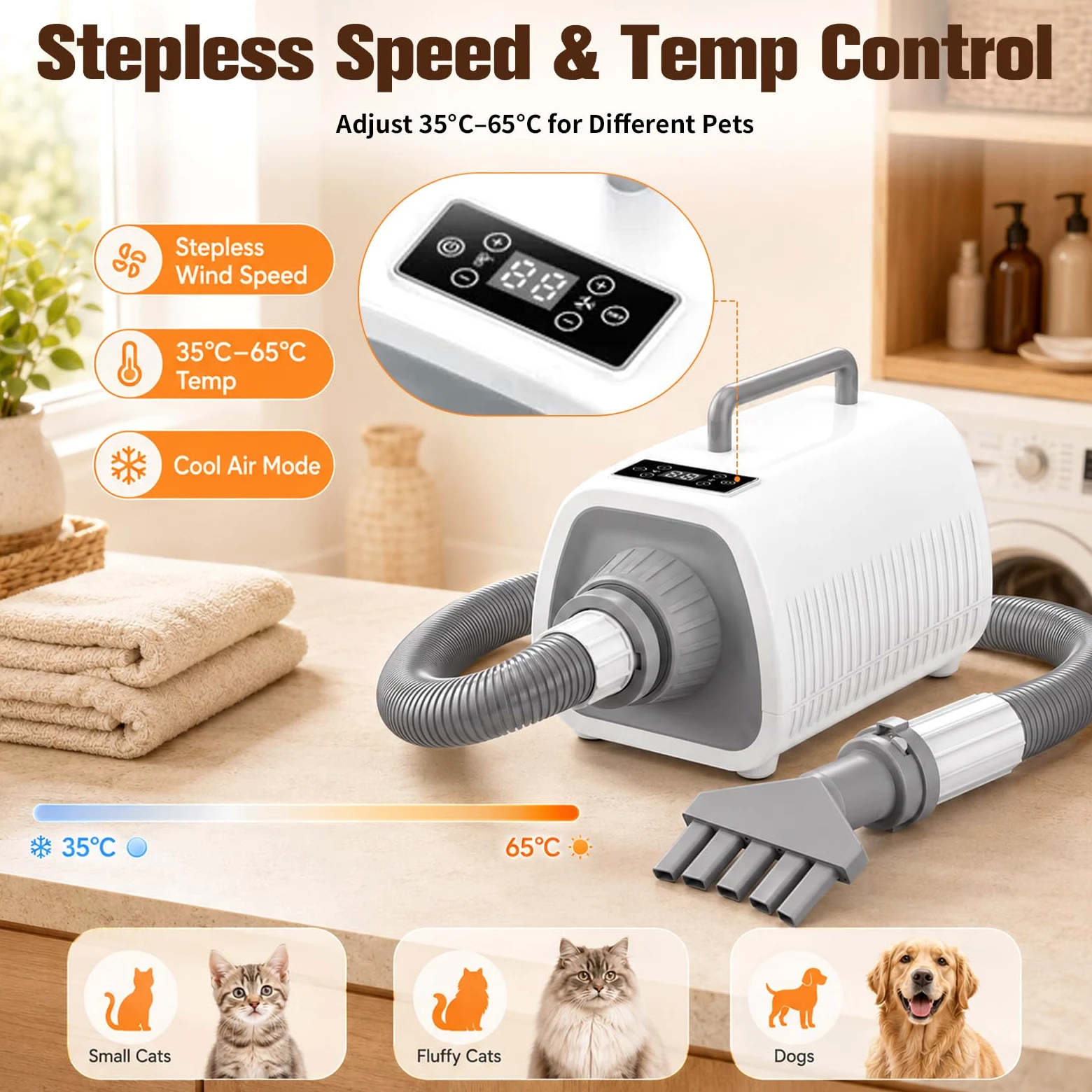 Sèche-cheveux pour chien avec écran tactile LED | Vitesse du vent et températures réglables, 3 buses différentes