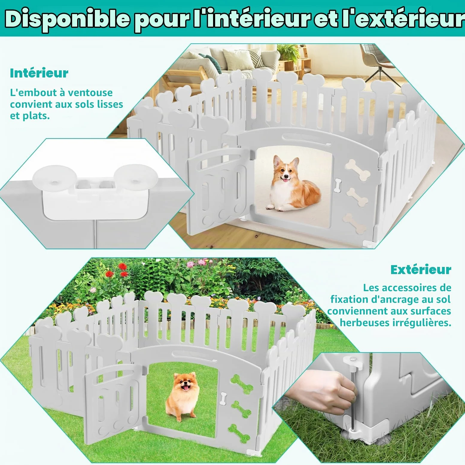 MAMIZO Parc pour Chien 60 cm Haut, Plastique Parc Chien 7+1 PCS Panneaux, Parc Chiot Pliable avec Portail, avec ventouses et ancrages au Sol, Enclos pour Chat et Lapin Interieur Extérieur, Gris | Parc Chiot Pliable avec Portail, avec ventouses et ancrages