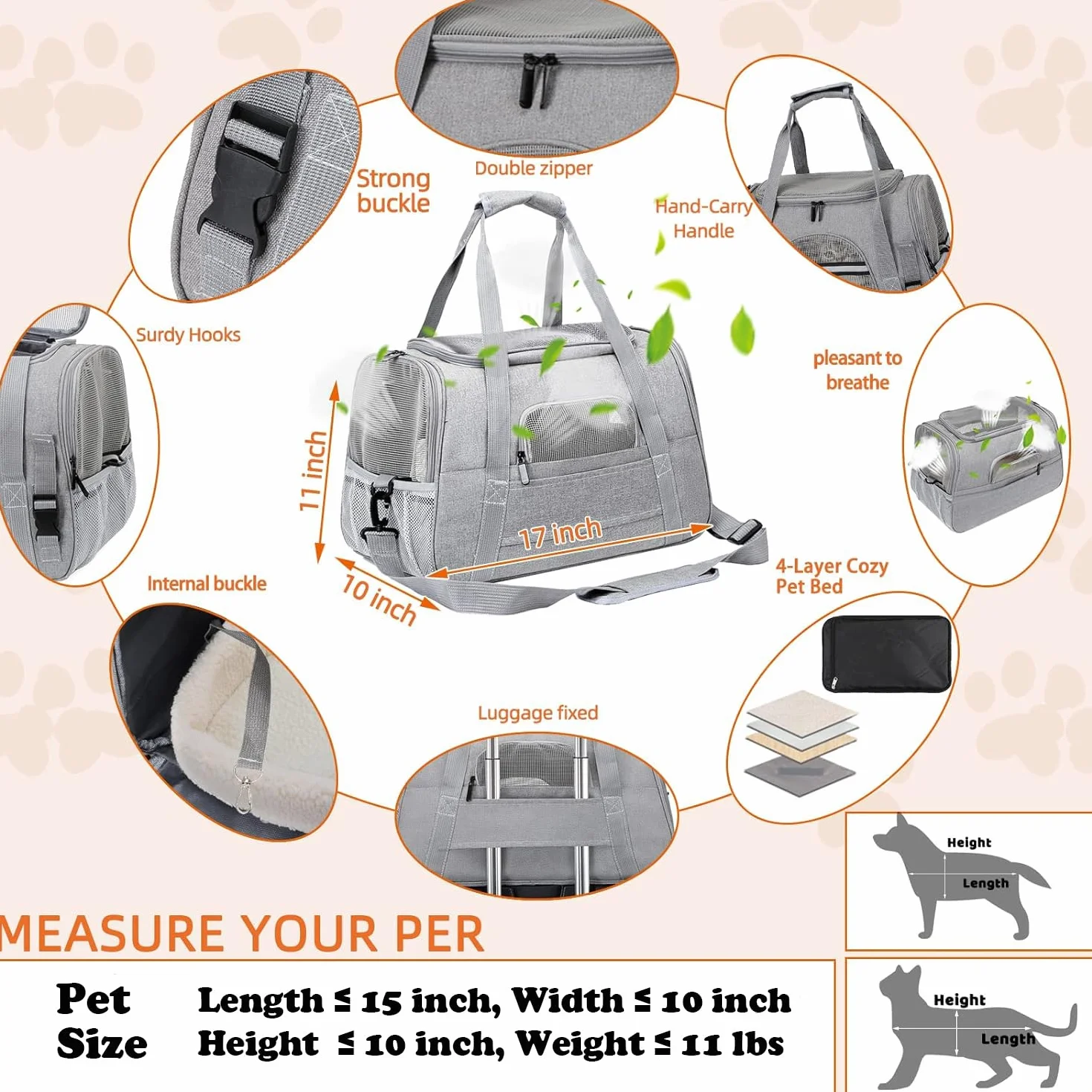 Sac de Transport pour Chat Chien avec Matelas Amovible et Bol, Pliable et Respirant (Gris)
