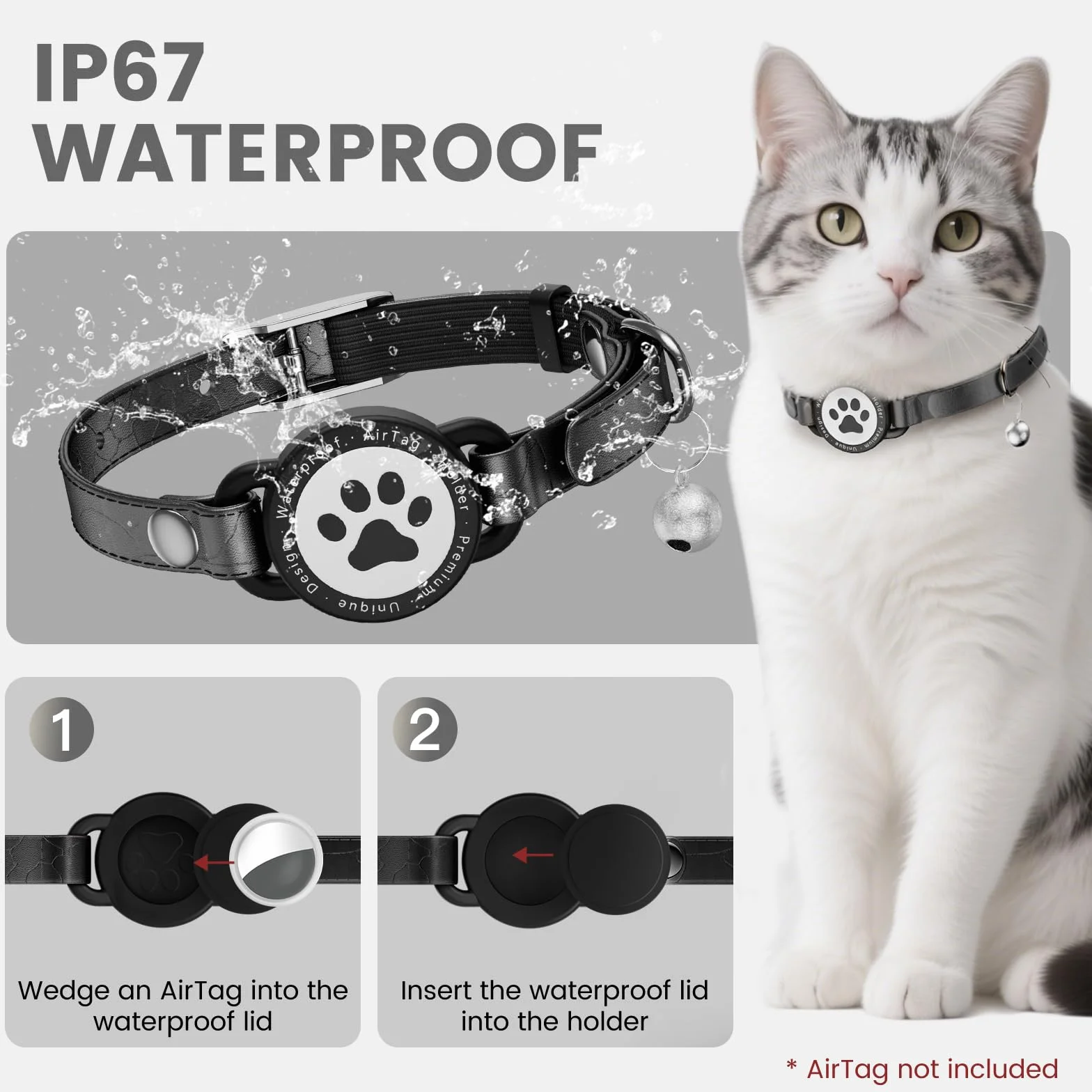 Collier pour chat Airtag en cuir étanche avec boucle en métal et clochette