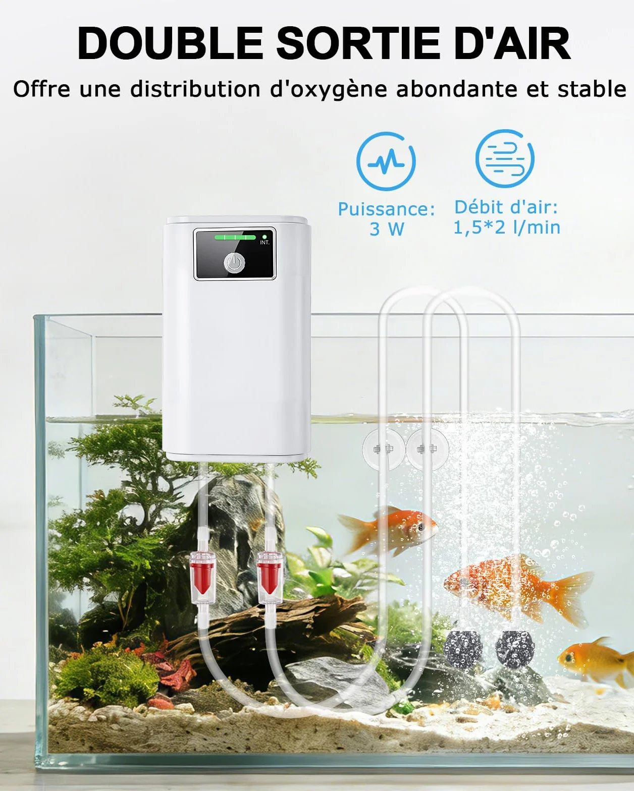 Pompe à air portable rechargeable USB pour aquarium, 2600 mAh, silencieuse, deux sorties