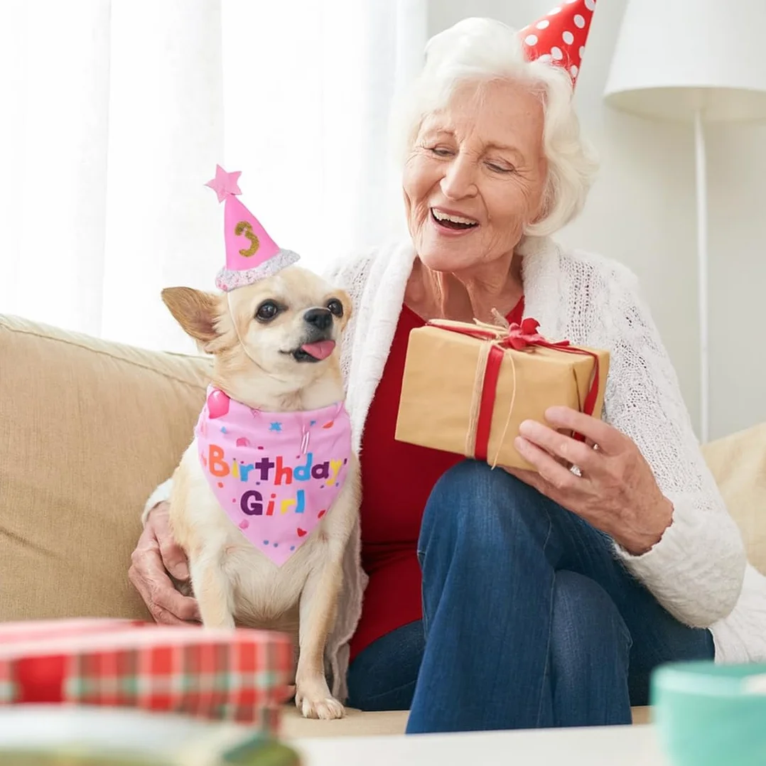 Bonnet d'anniversaire pour chiens et chats, chapeau bandana réglable avec chiffres pailletés, rose