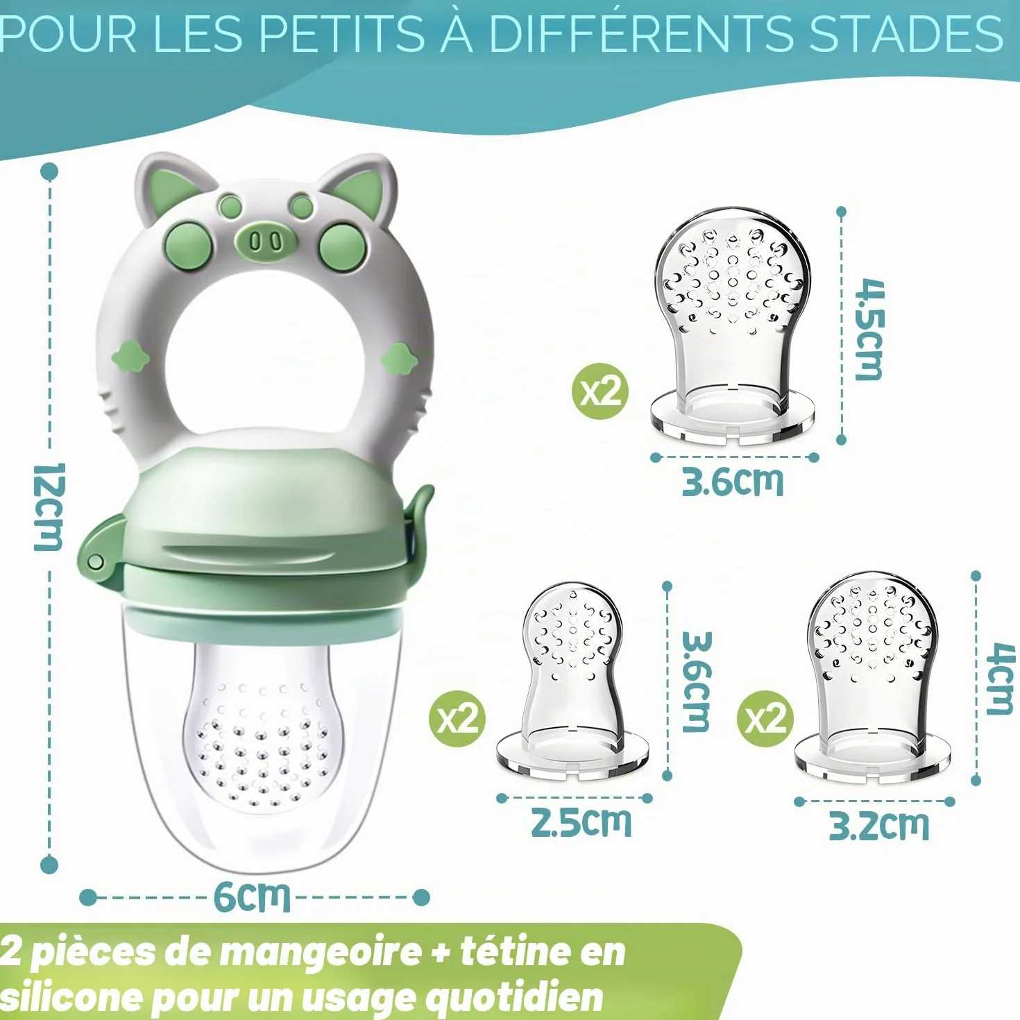 Grignoteuse Bébé Tetine Bebe - 2 Fruit Grignoteuses + 8 Tailles de Tétines Sans BPA, pour Enfants de 3 à 24 Mois, Vert+Bleu